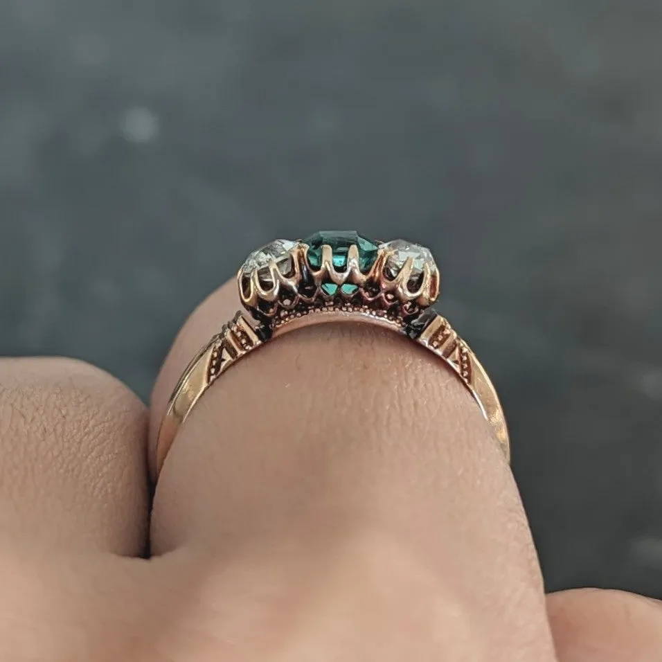 Victorian 1.00 CTW Emerald Old Mine Cut Diamond 14 Karat Yellow Gold Belcher Antique Three Stone Ring