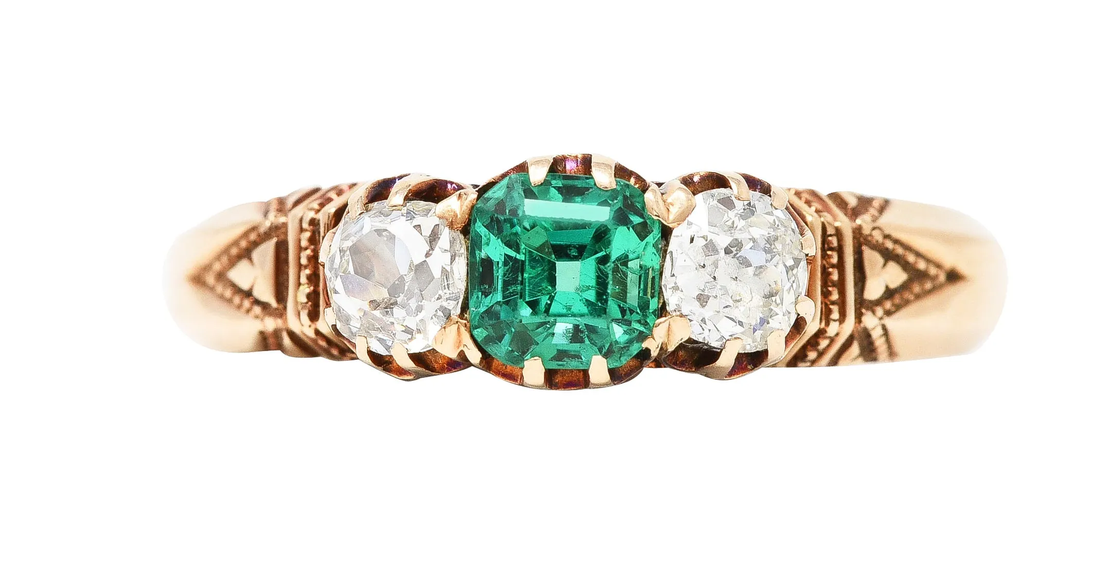 Victorian 1.00 CTW Emerald Old Mine Cut Diamond 14 Karat Yellow Gold Belcher Antique Three Stone Ring