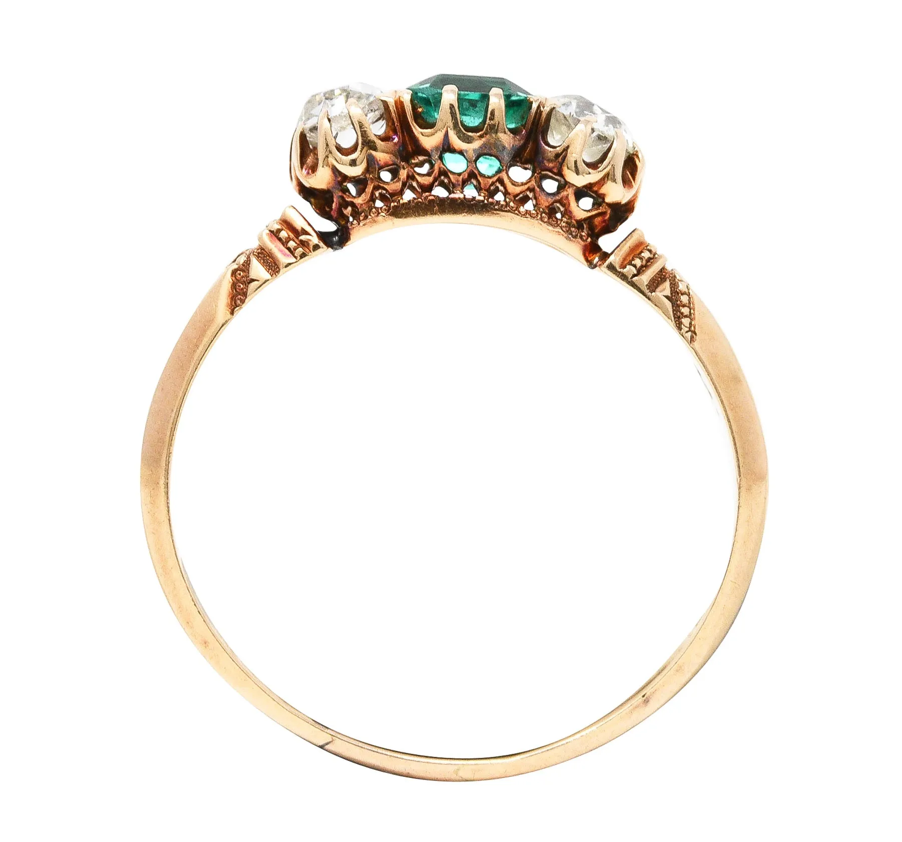 Victorian 1.00 CTW Emerald Old Mine Cut Diamond 14 Karat Yellow Gold Belcher Antique Three Stone Ring
