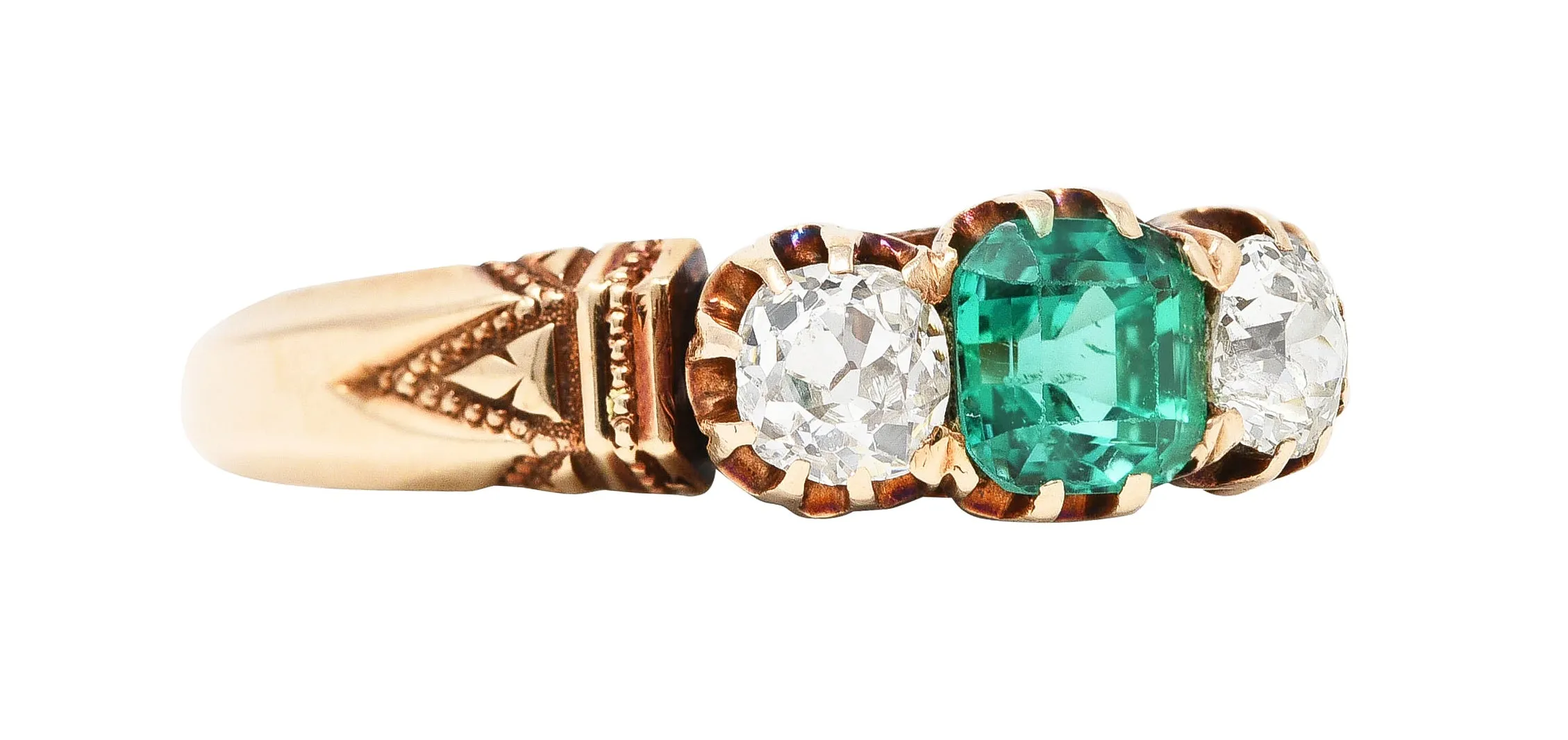 Victorian 1.00 CTW Emerald Old Mine Cut Diamond 14 Karat Yellow Gold Belcher Antique Three Stone Ring