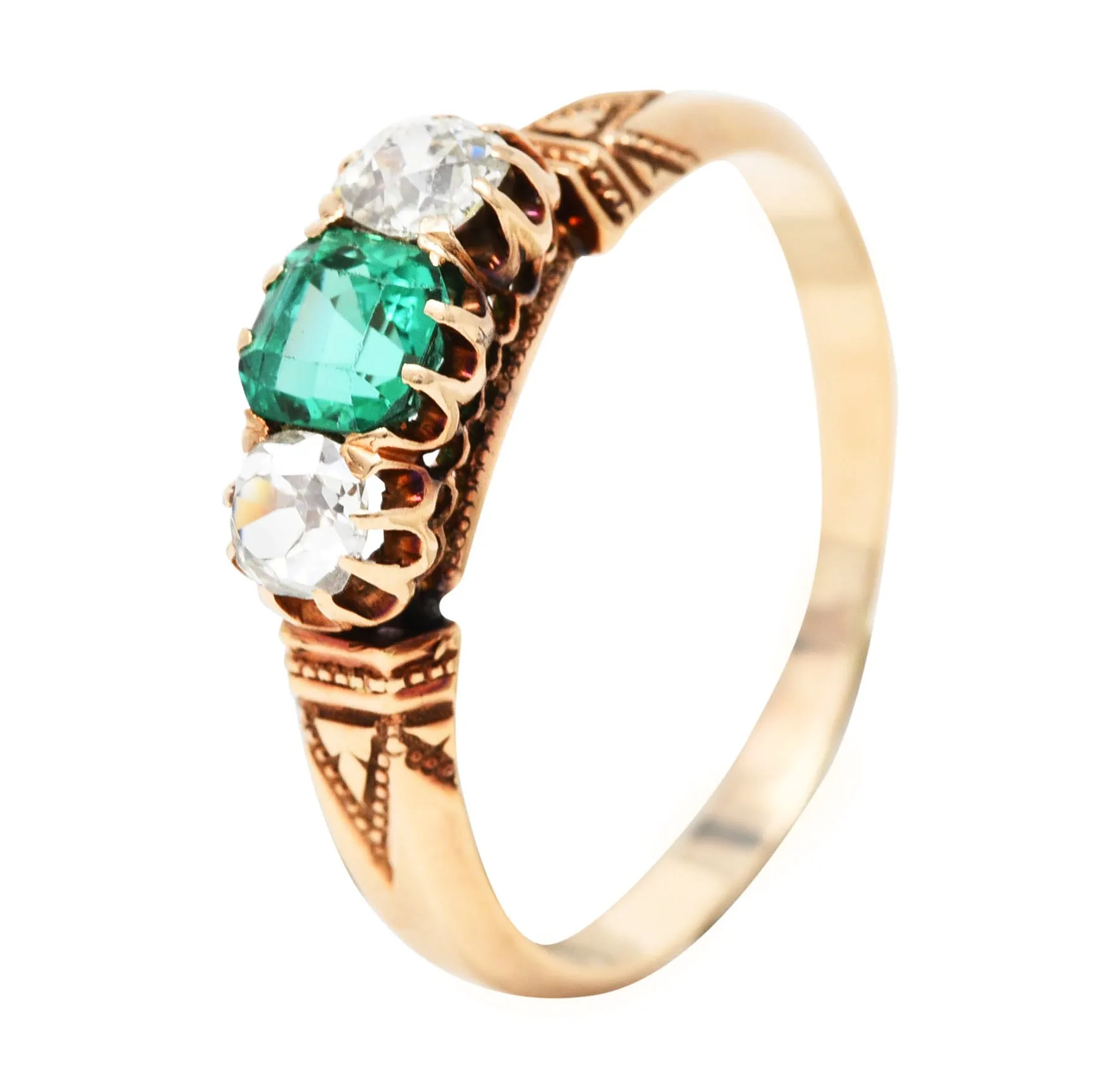 Victorian 1.00 CTW Emerald Old Mine Cut Diamond 14 Karat Yellow Gold Belcher Antique Three Stone Ring