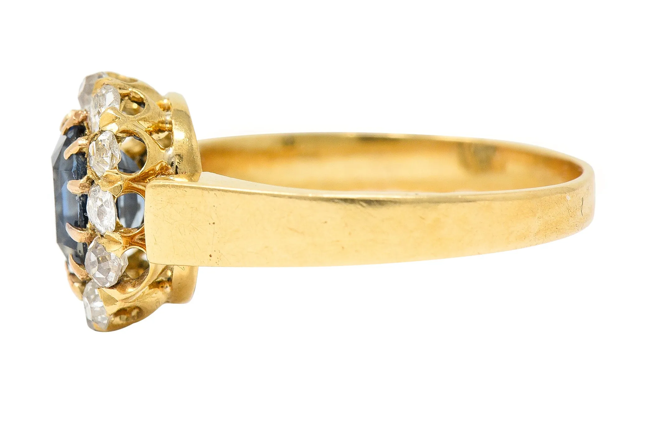 Victorian 1.80 CTW Cushion Cut No Heat Cambodian Sapphire Old Mine Cut Diamond 14 Karat Yellow Gold Antique Halo Ring GIA