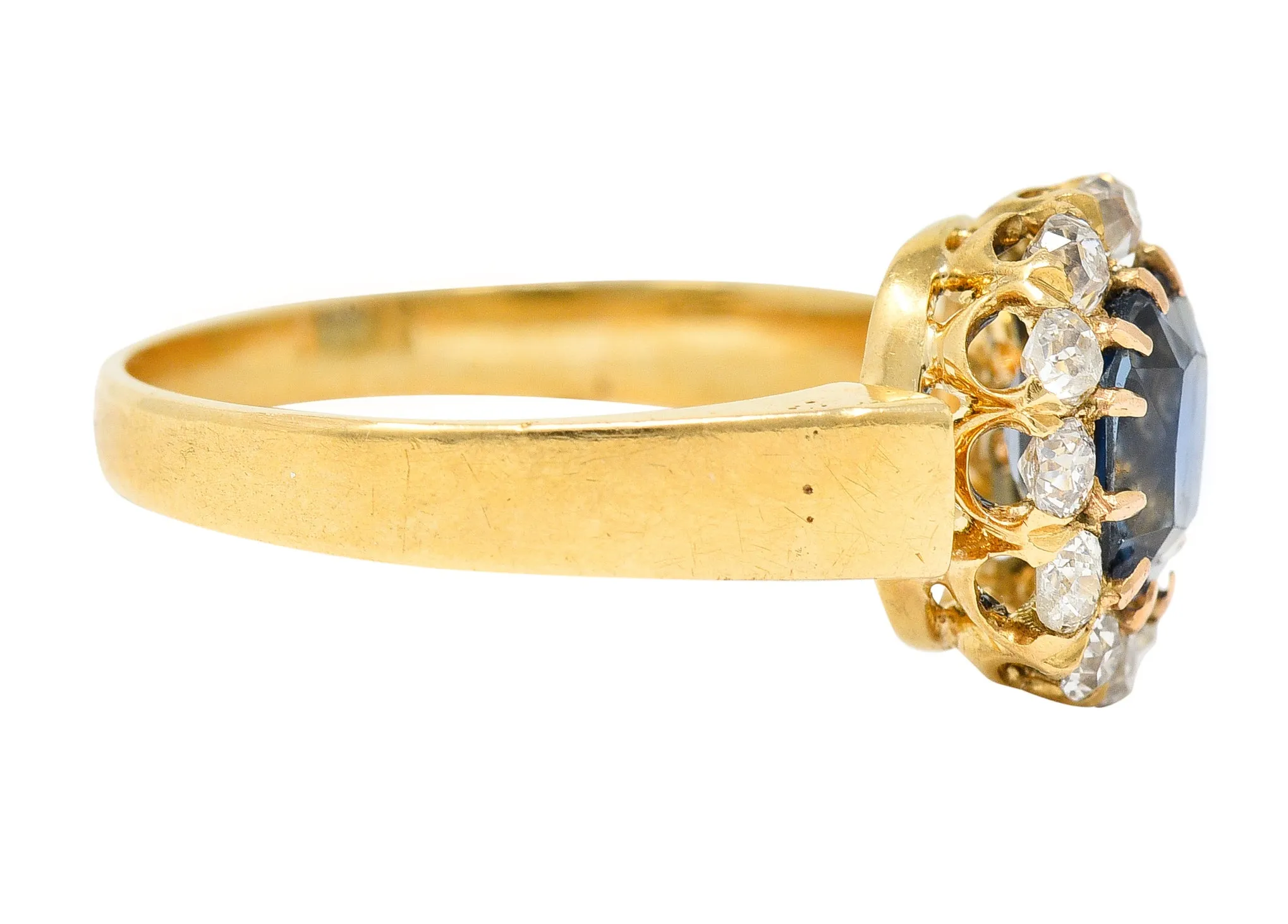 Victorian 1.80 CTW Cushion Cut No Heat Cambodian Sapphire Old Mine Cut Diamond 14 Karat Yellow Gold Antique Halo Ring GIA