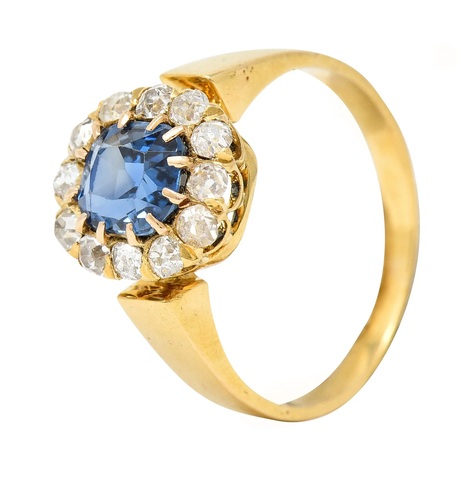 Victorian 1.80 CTW Cushion Cut No Heat Cambodian Sapphire Old Mine Cut Diamond 14 Karat Yellow Gold Antique Halo Ring GIA