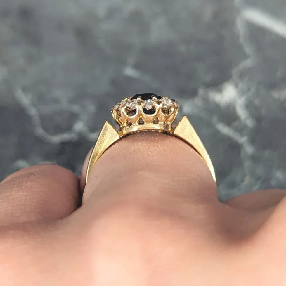 Victorian 1.80 CTW Cushion Cut No Heat Cambodian Sapphire Old Mine Cut Diamond 14 Karat Yellow Gold Antique Halo Ring GIA