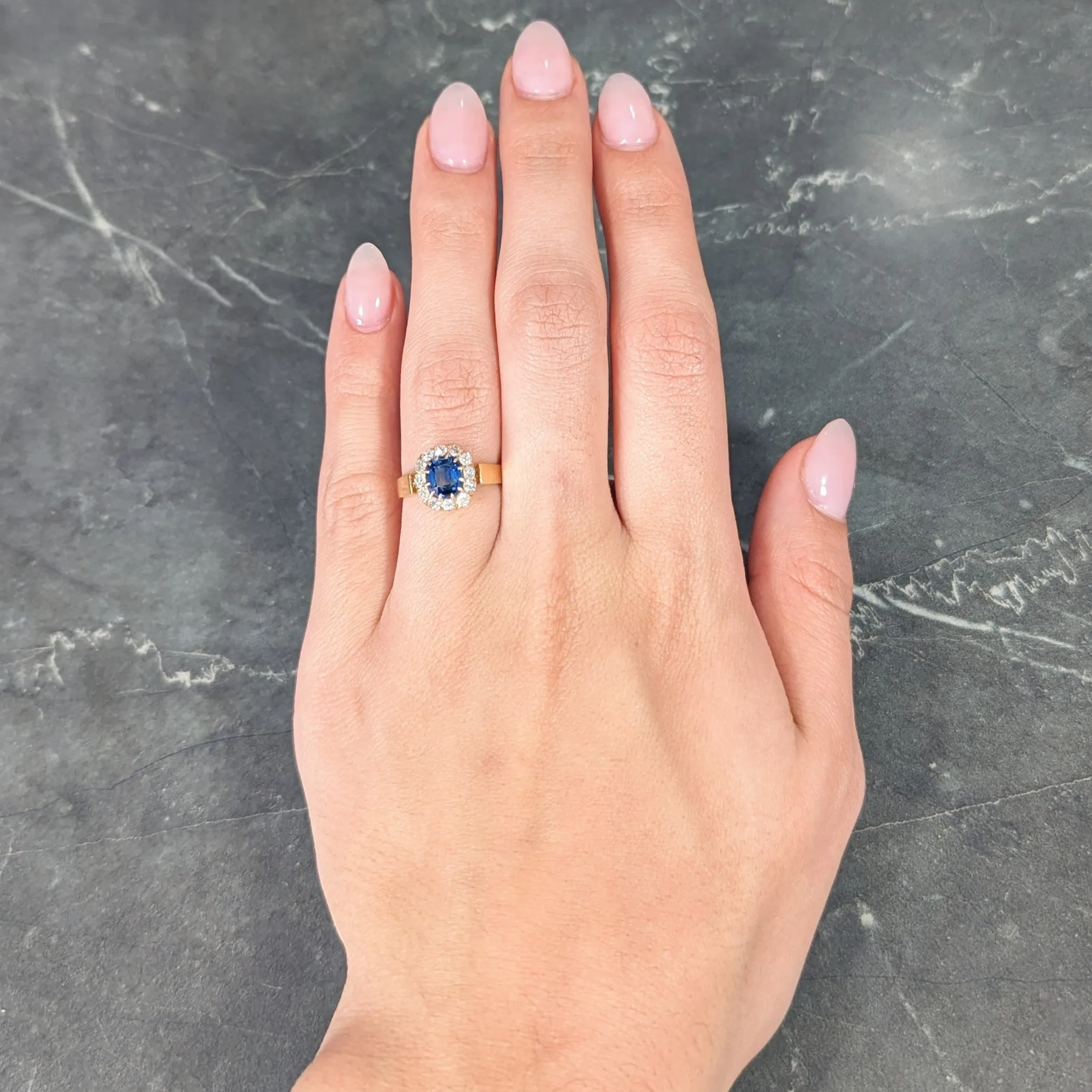Victorian 1.80 CTW Cushion Cut No Heat Cambodian Sapphire Old Mine Cut Diamond 14 Karat Yellow Gold Antique Halo Ring GIA