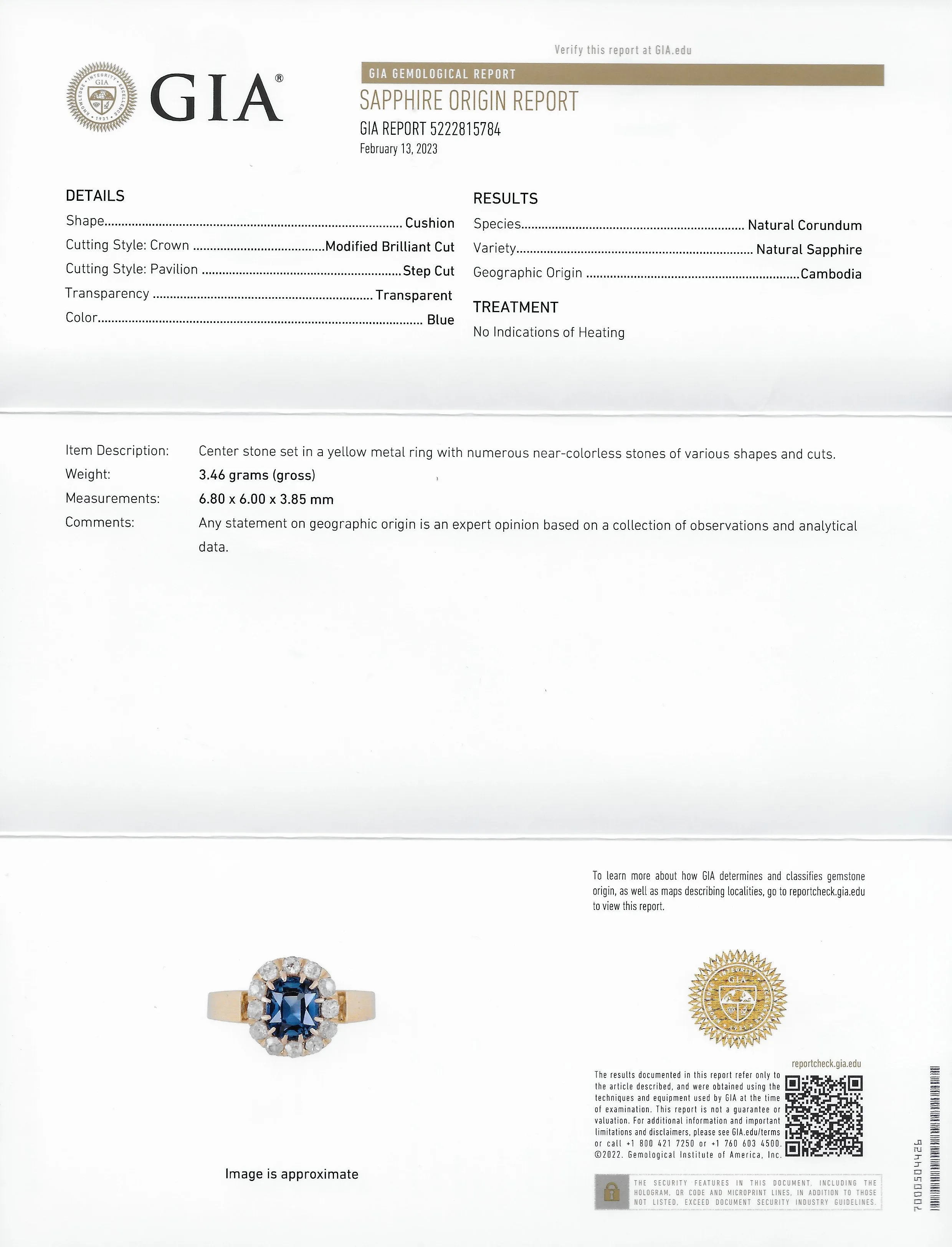 Victorian 1.80 CTW Cushion Cut No Heat Cambodian Sapphire Old Mine Cut Diamond 14 Karat Yellow Gold Antique Halo Ring GIA