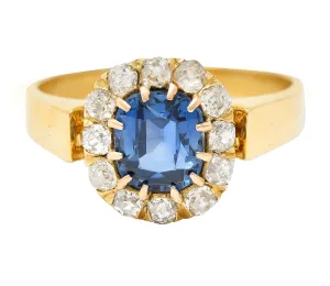 Victorian 1.80 CTW Cushion Cut No Heat Cambodian Sapphire Old Mine Cut Diamond 14 Karat Yellow Gold Antique Halo Ring GIA