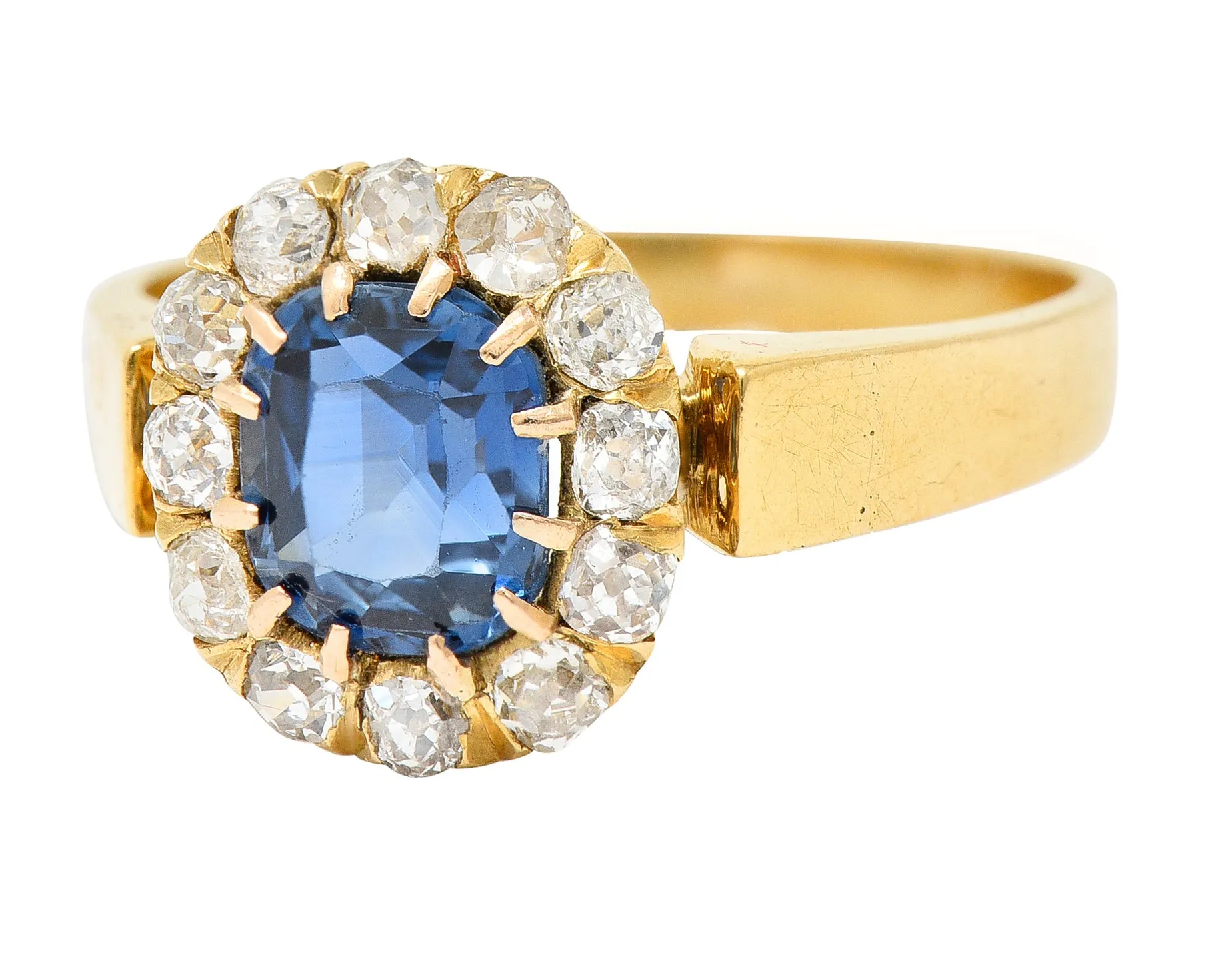 Victorian 1.80 CTW Cushion Cut No Heat Cambodian Sapphire Old Mine Cut Diamond 14 Karat Yellow Gold Antique Halo Ring GIA