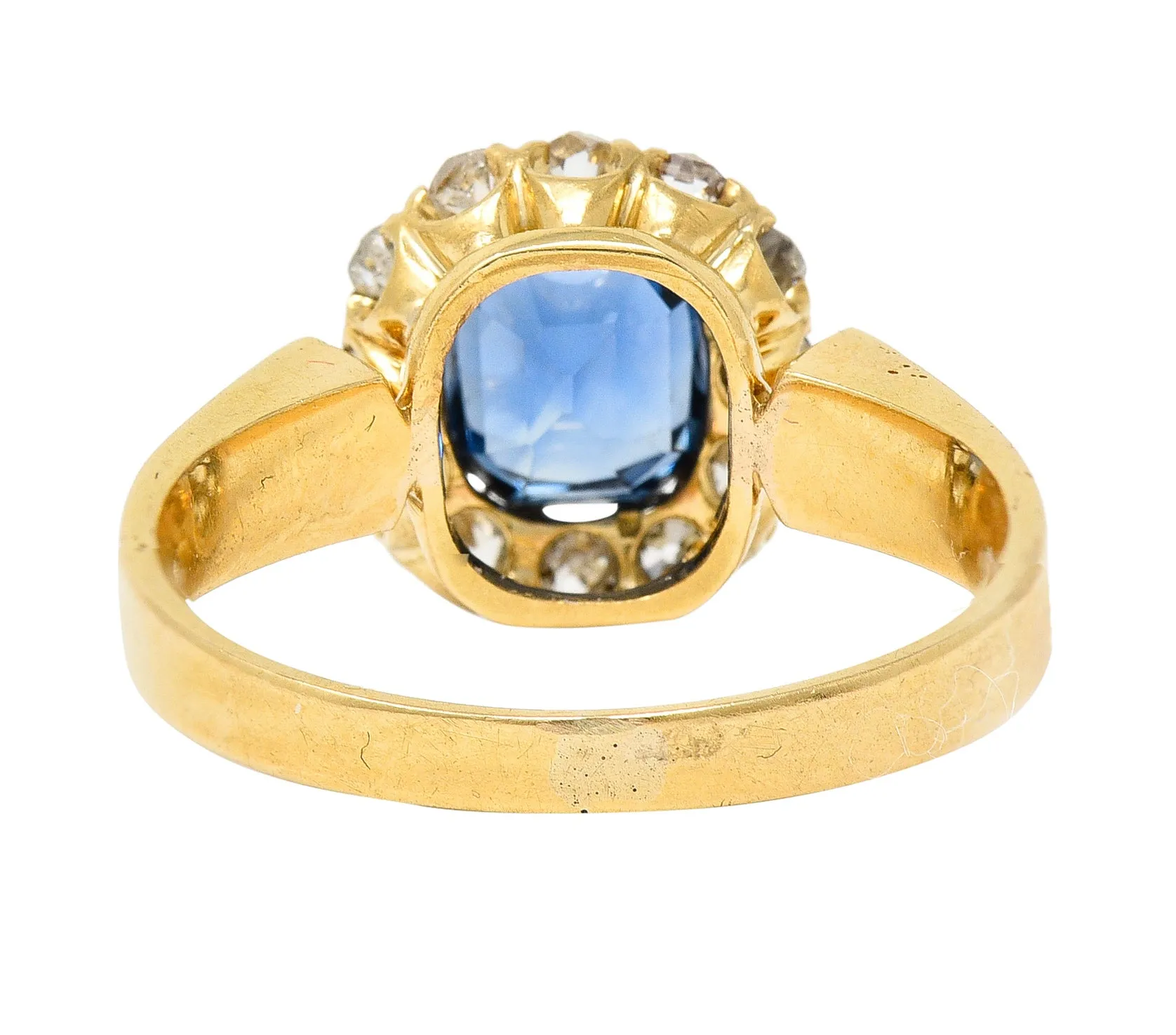 Victorian 1.80 CTW Cushion Cut No Heat Cambodian Sapphire Old Mine Cut Diamond 14 Karat Yellow Gold Antique Halo Ring GIA