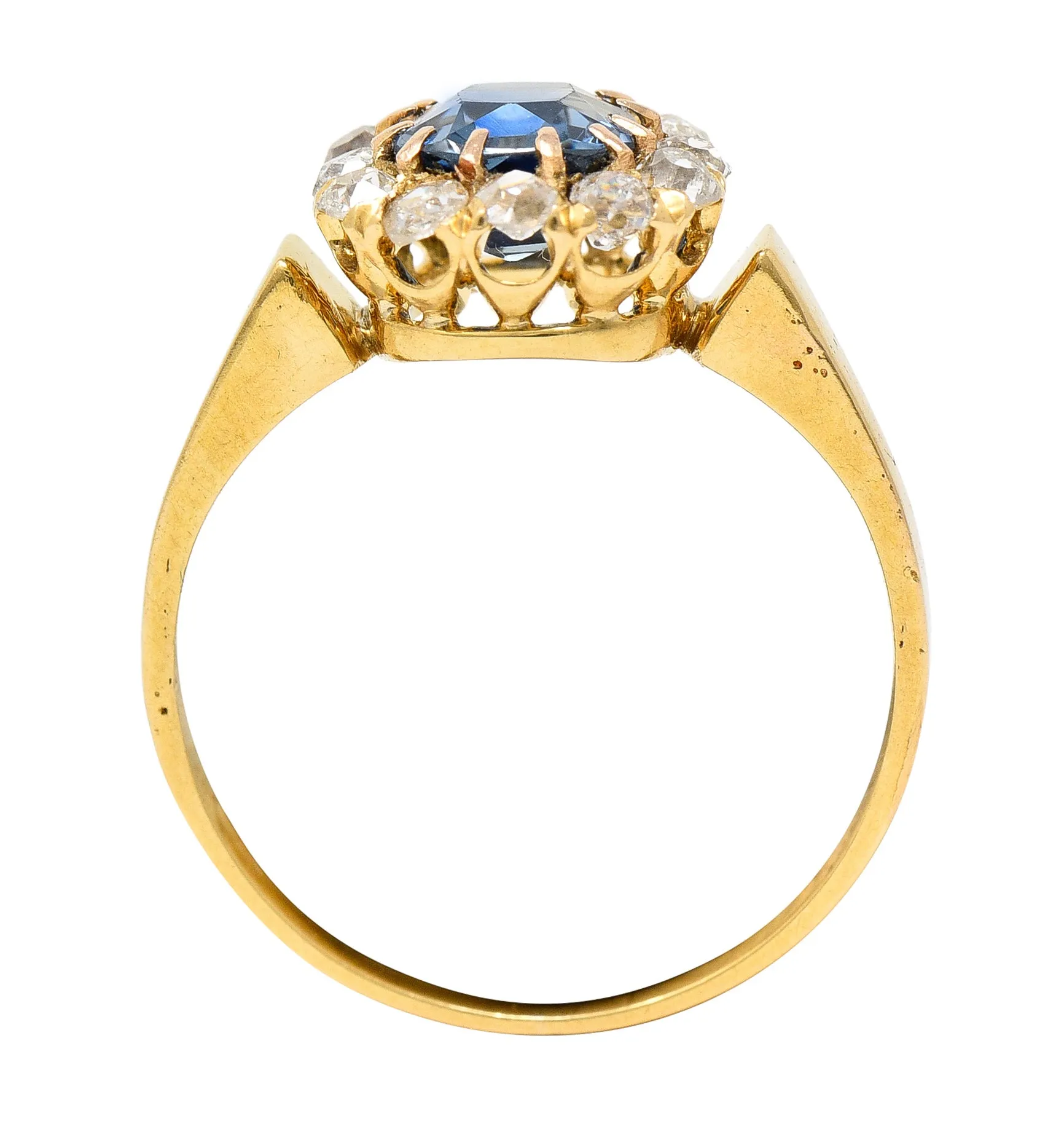Victorian 1.80 CTW Cushion Cut No Heat Cambodian Sapphire Old Mine Cut Diamond 14 Karat Yellow Gold Antique Halo Ring GIA