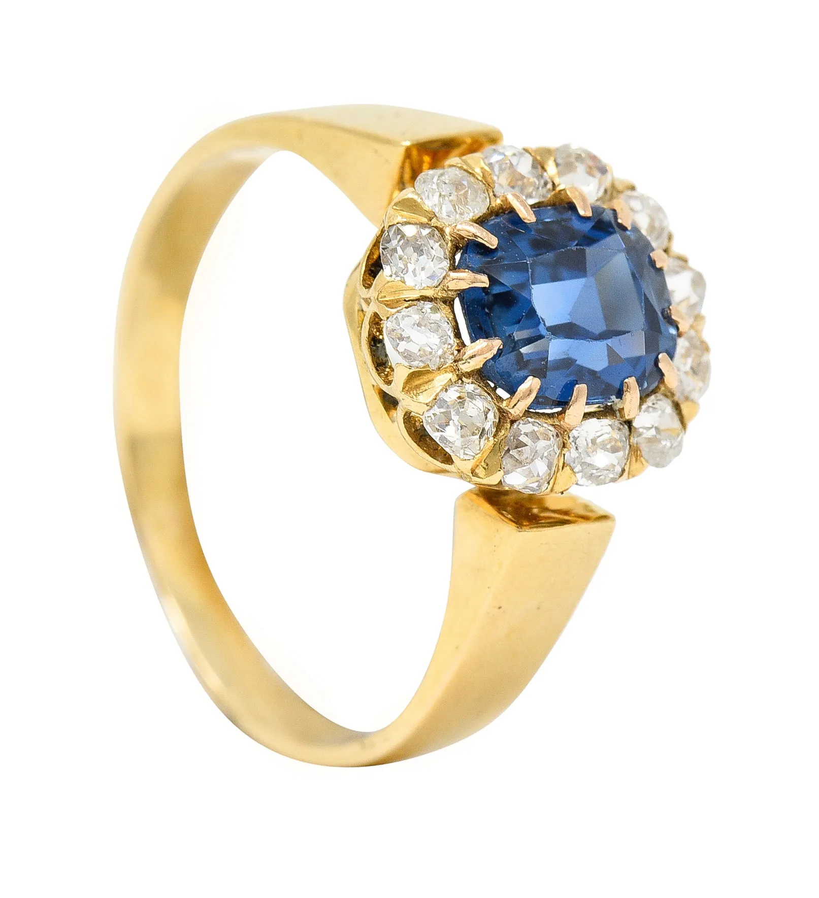 Victorian 1.80 CTW Cushion Cut No Heat Cambodian Sapphire Old Mine Cut Diamond 14 Karat Yellow Gold Antique Halo Ring GIA