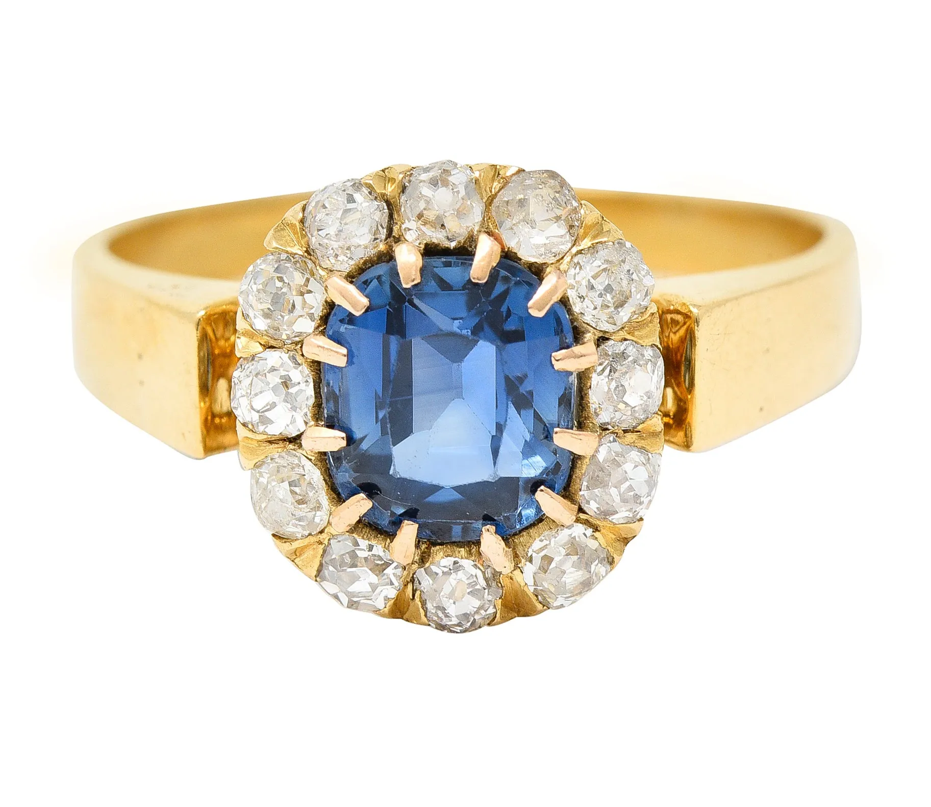Victorian 1.80 CTW Cushion Cut No Heat Cambodian Sapphire Old Mine Cut Diamond 14 Karat Yellow Gold Antique Halo Ring GIA