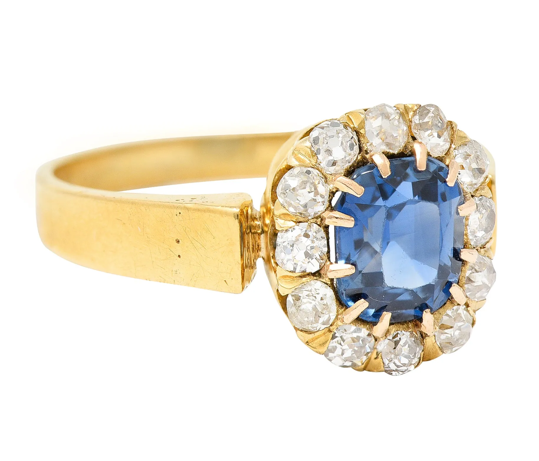 Victorian 1.80 CTW Cushion Cut No Heat Cambodian Sapphire Old Mine Cut Diamond 14 Karat Yellow Gold Antique Halo Ring GIA