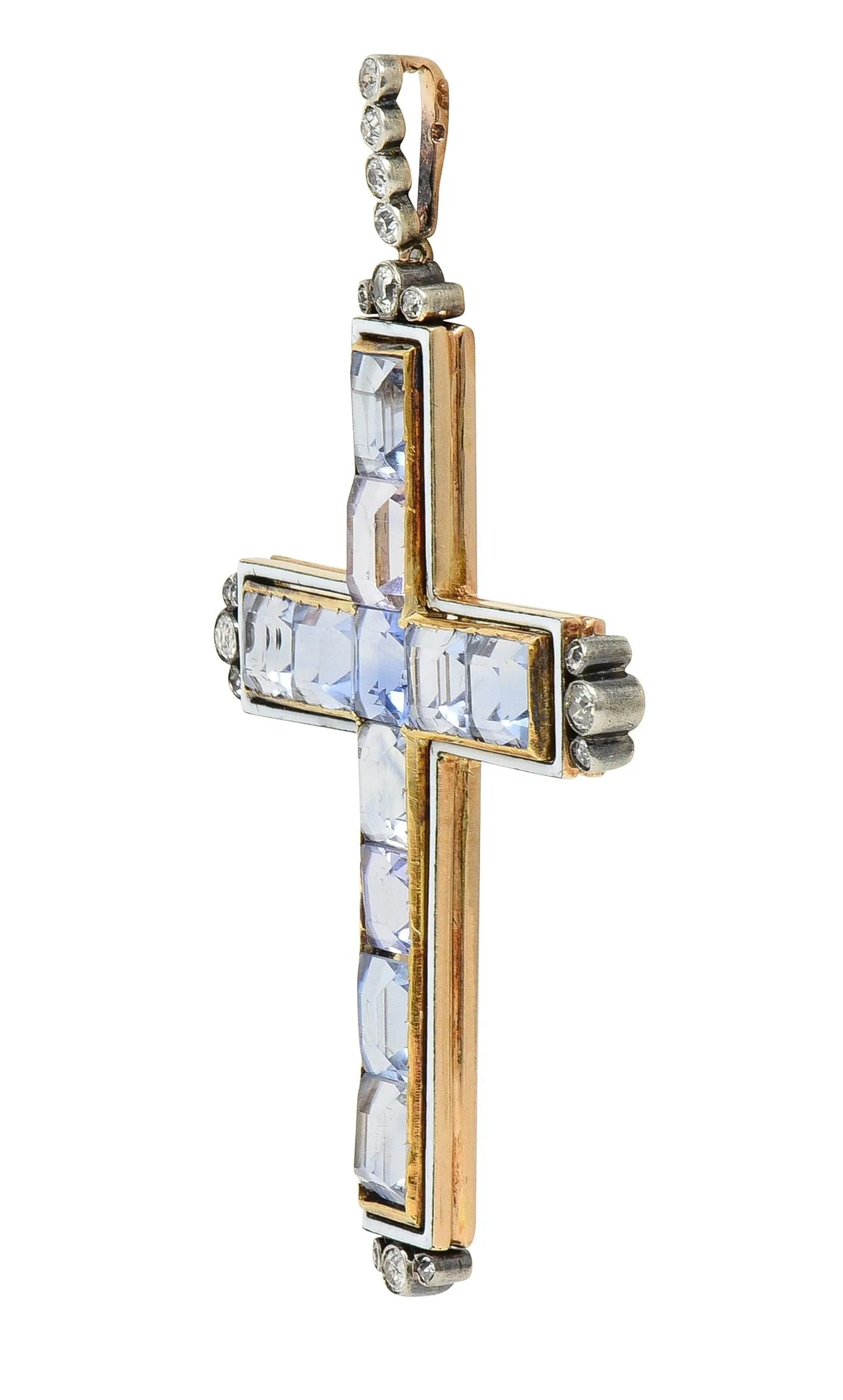 Victorian 20.87 CTW Sapphire Diamond Enamel Silver 14 Karat Gold Antique Cross Pendant