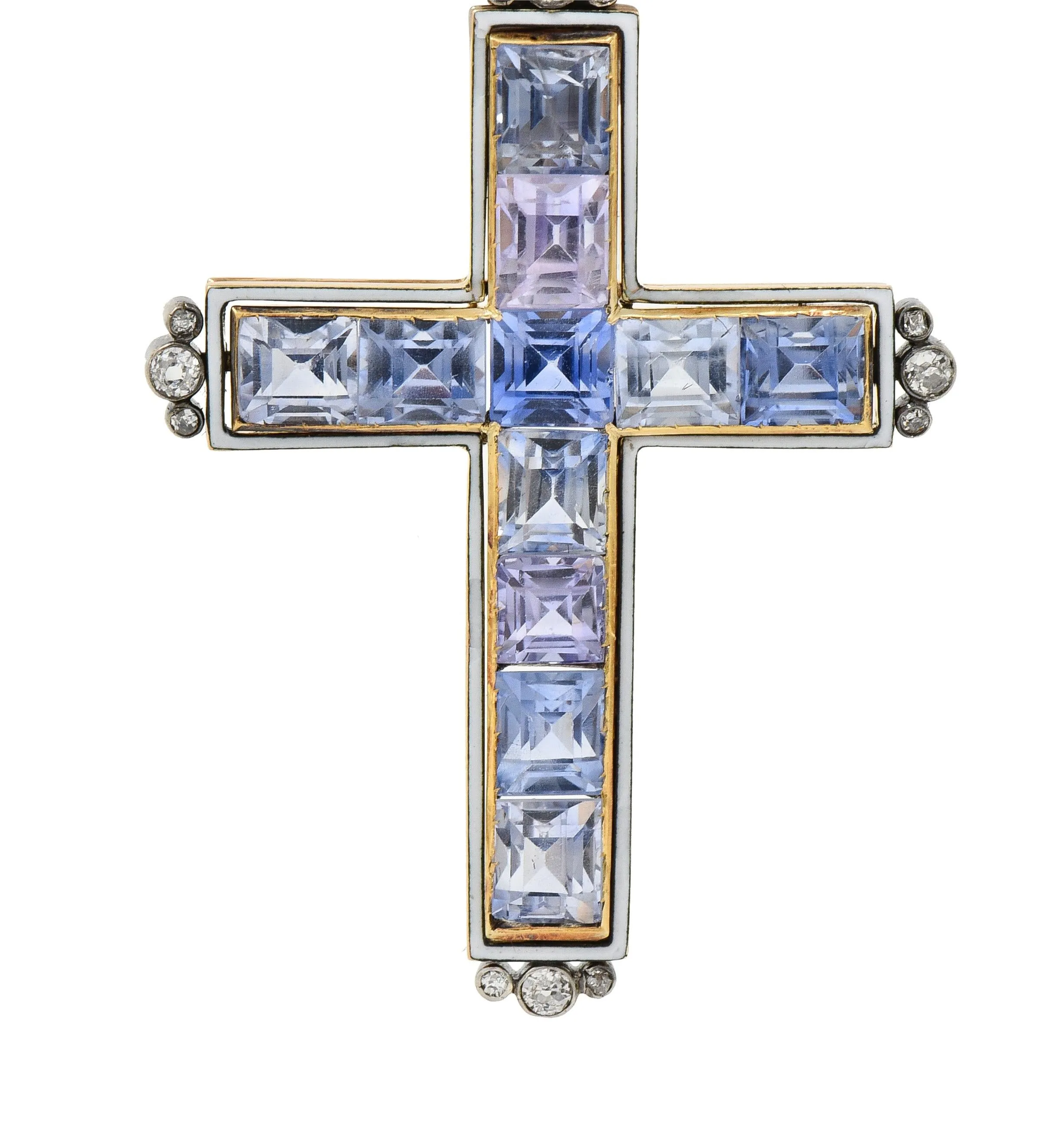 Victorian 20.87 CTW Sapphire Diamond Enamel Silver 14 Karat Gold Antique Cross Pendant