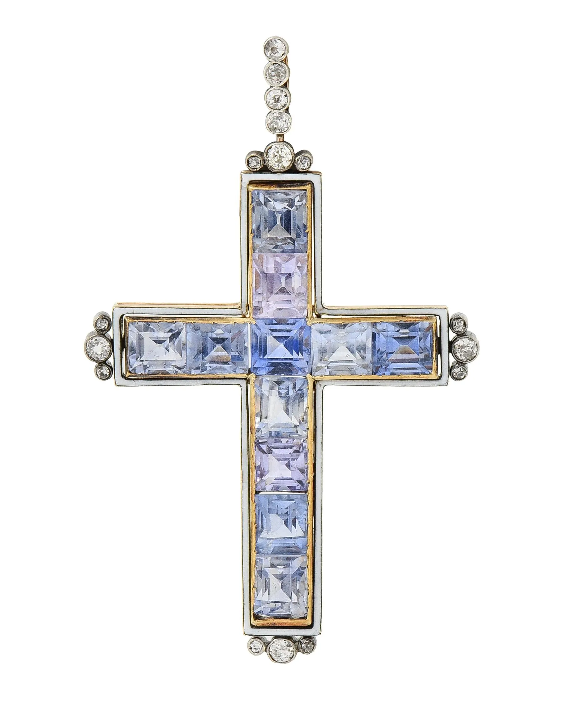 Victorian 20.87 CTW Sapphire Diamond Enamel Silver 14 Karat Gold Antique Cross Pendant