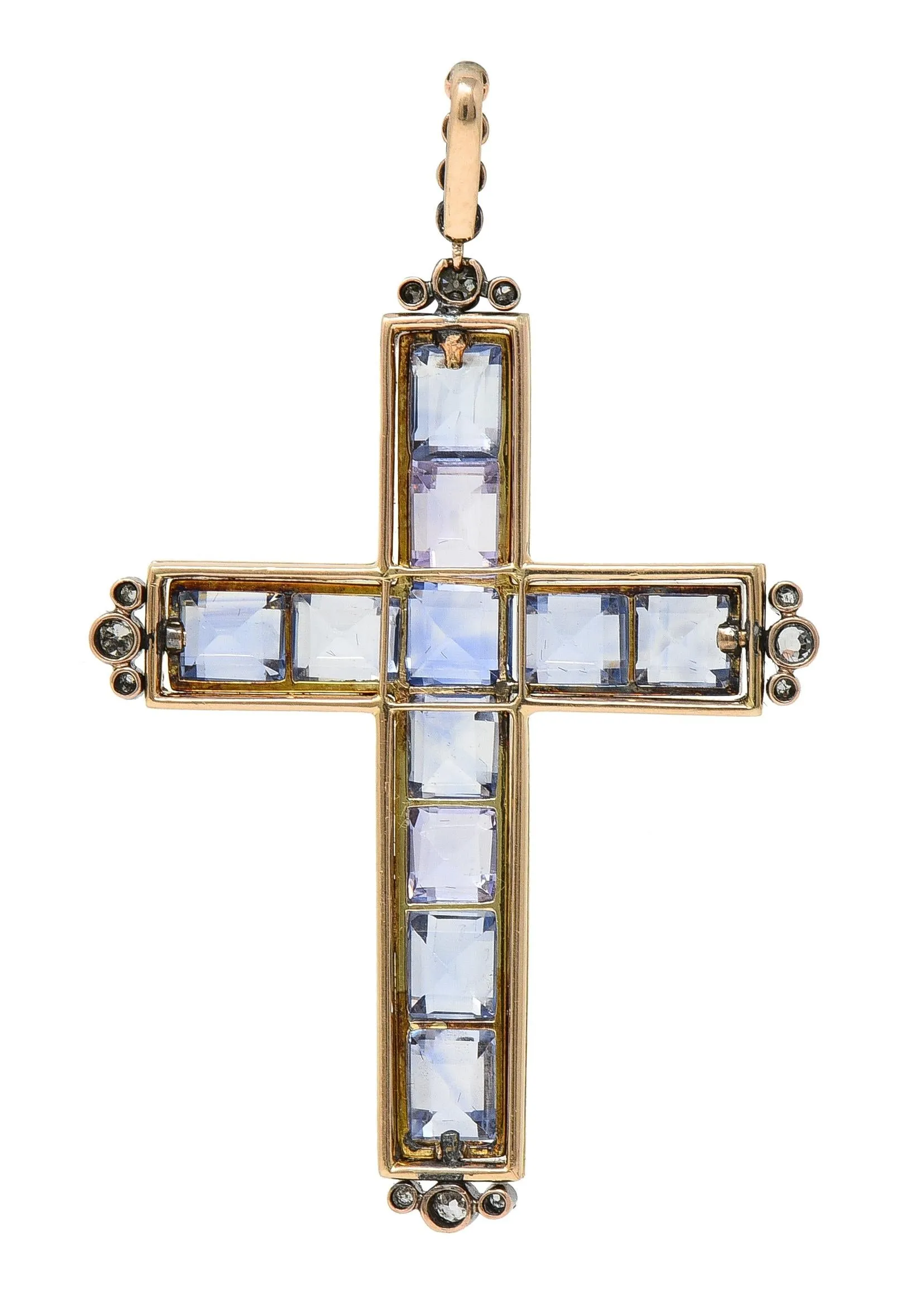 Victorian 20.87 CTW Sapphire Diamond Enamel Silver 14 Karat Gold Antique Cross Pendant