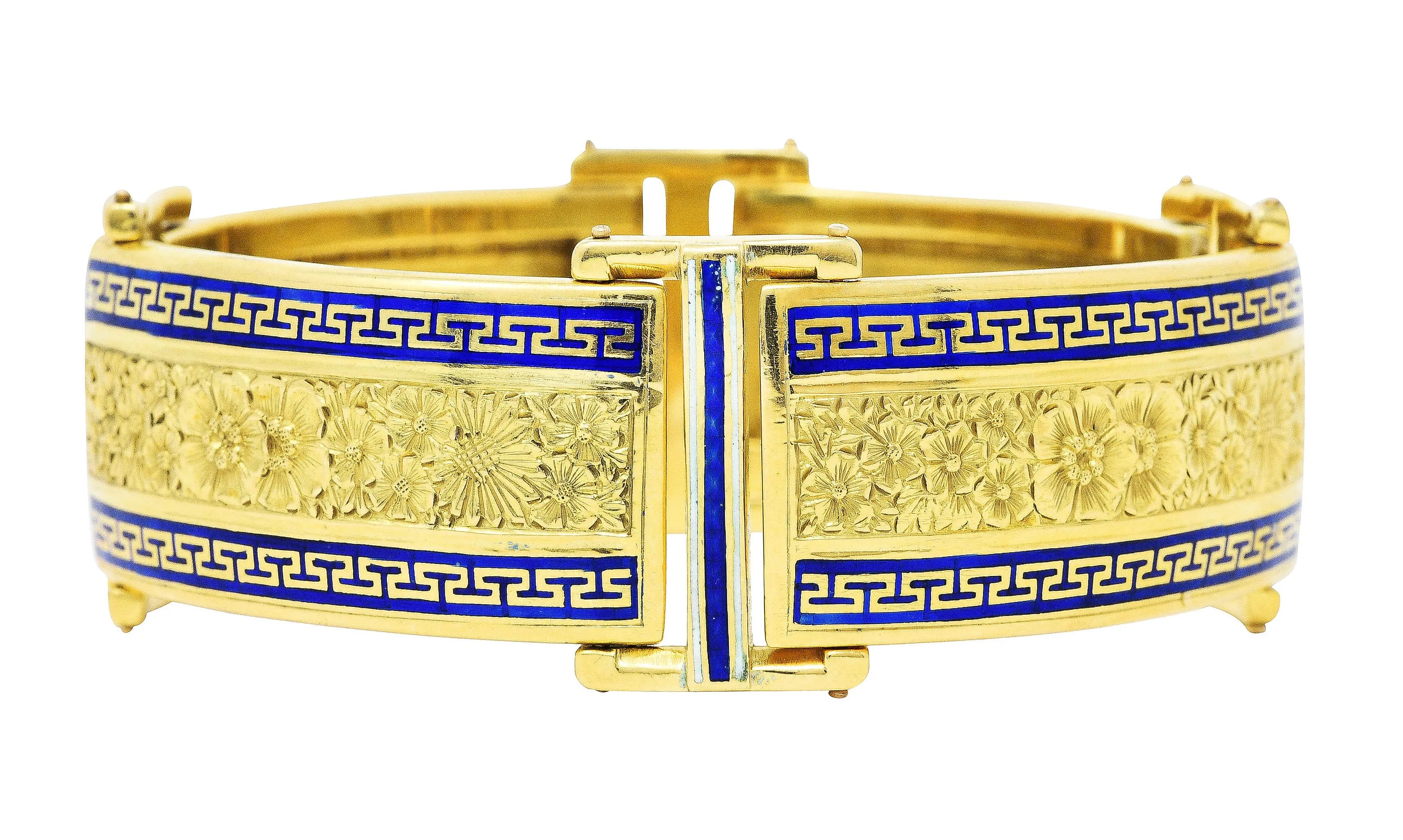 Victorian Enamel 18 Karat Gold Greek Key Panel Bracelet