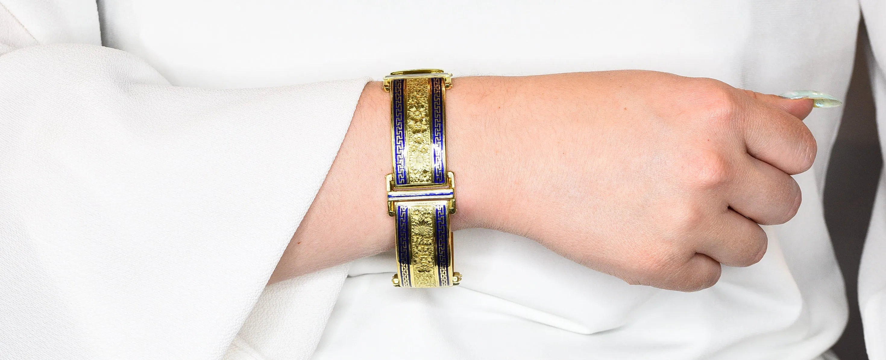 Victorian Enamel 18 Karat Gold Greek Key Panel Bracelet