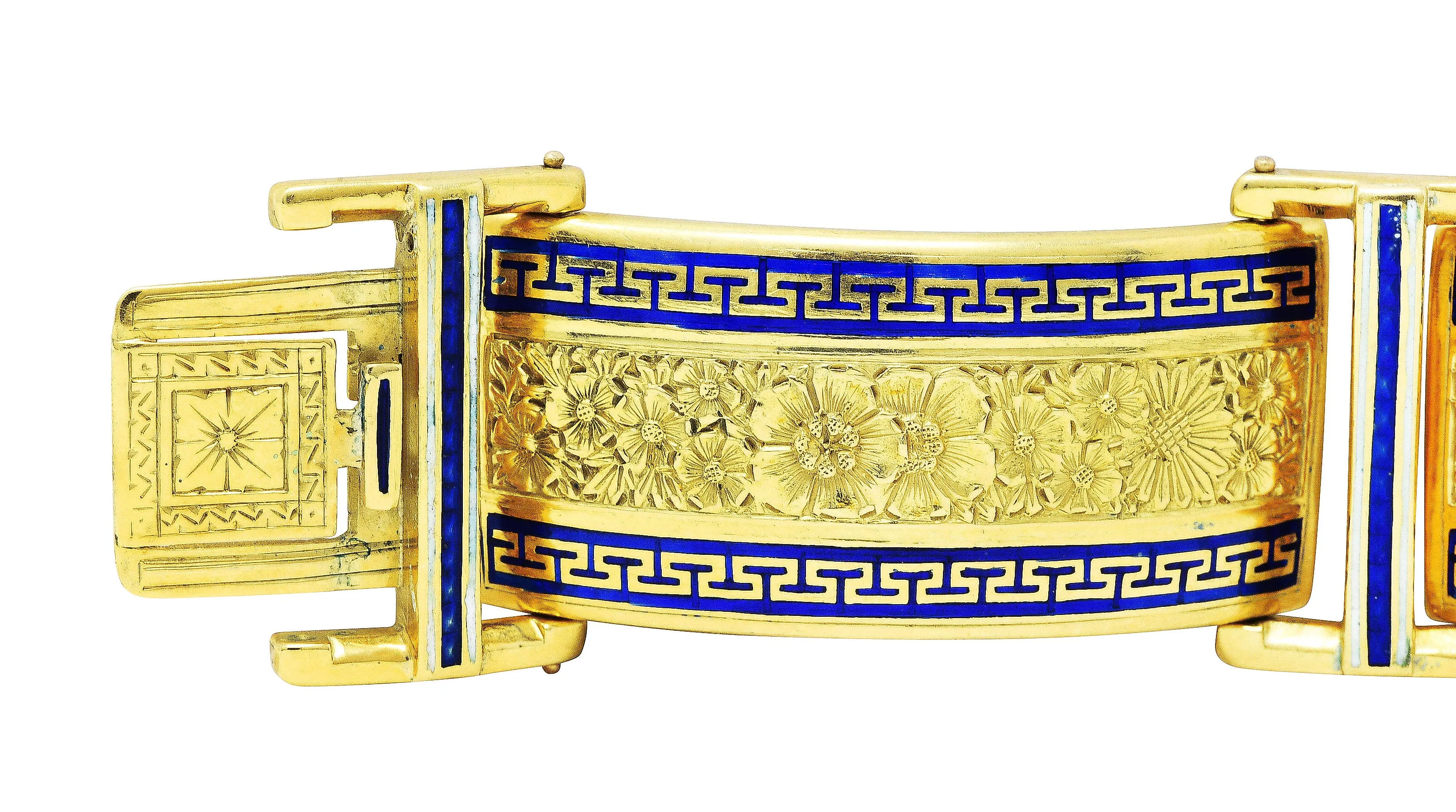 Victorian Enamel 18 Karat Gold Greek Key Panel Bracelet