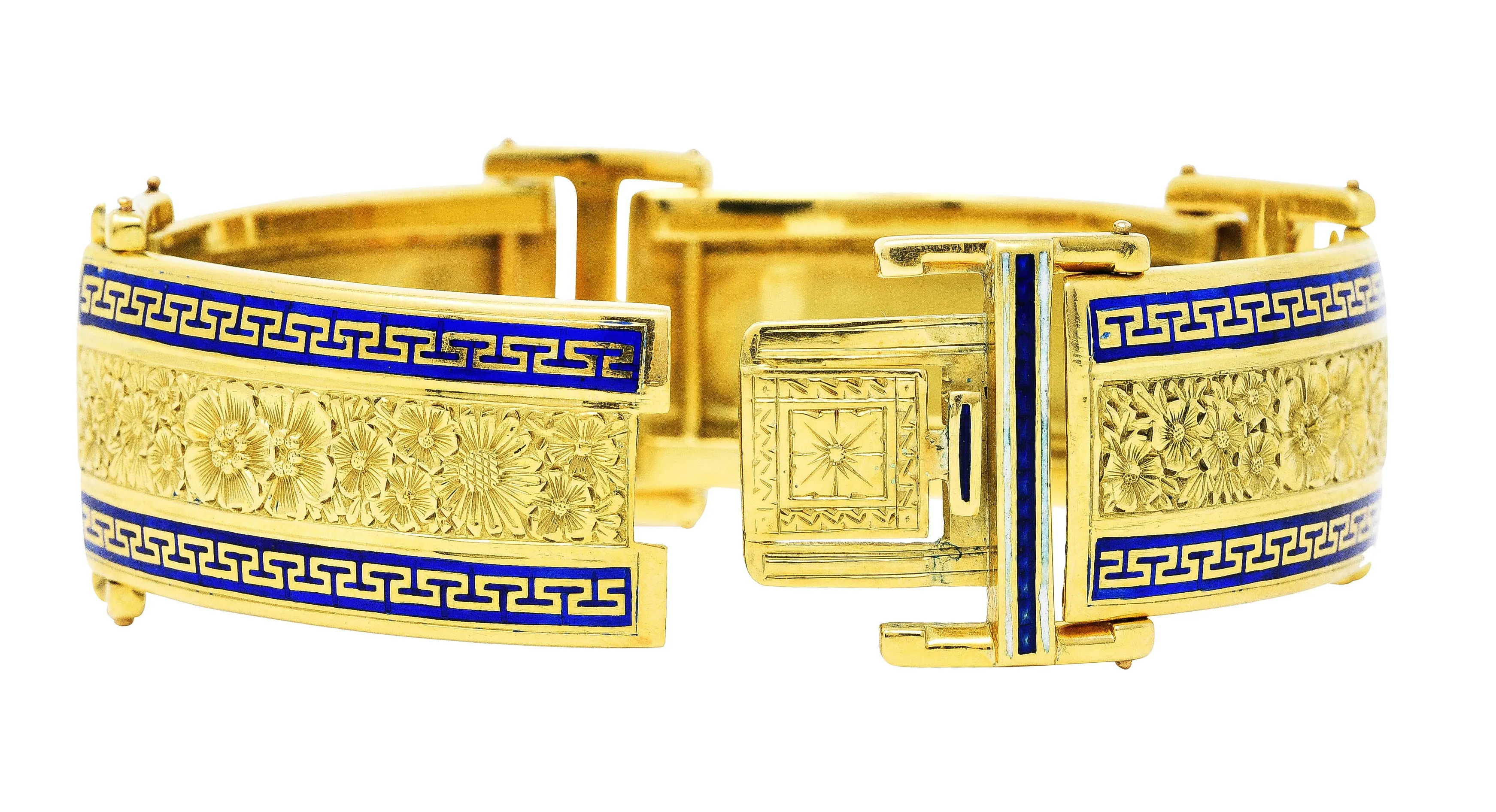 Victorian Enamel 18 Karat Gold Greek Key Panel Bracelet