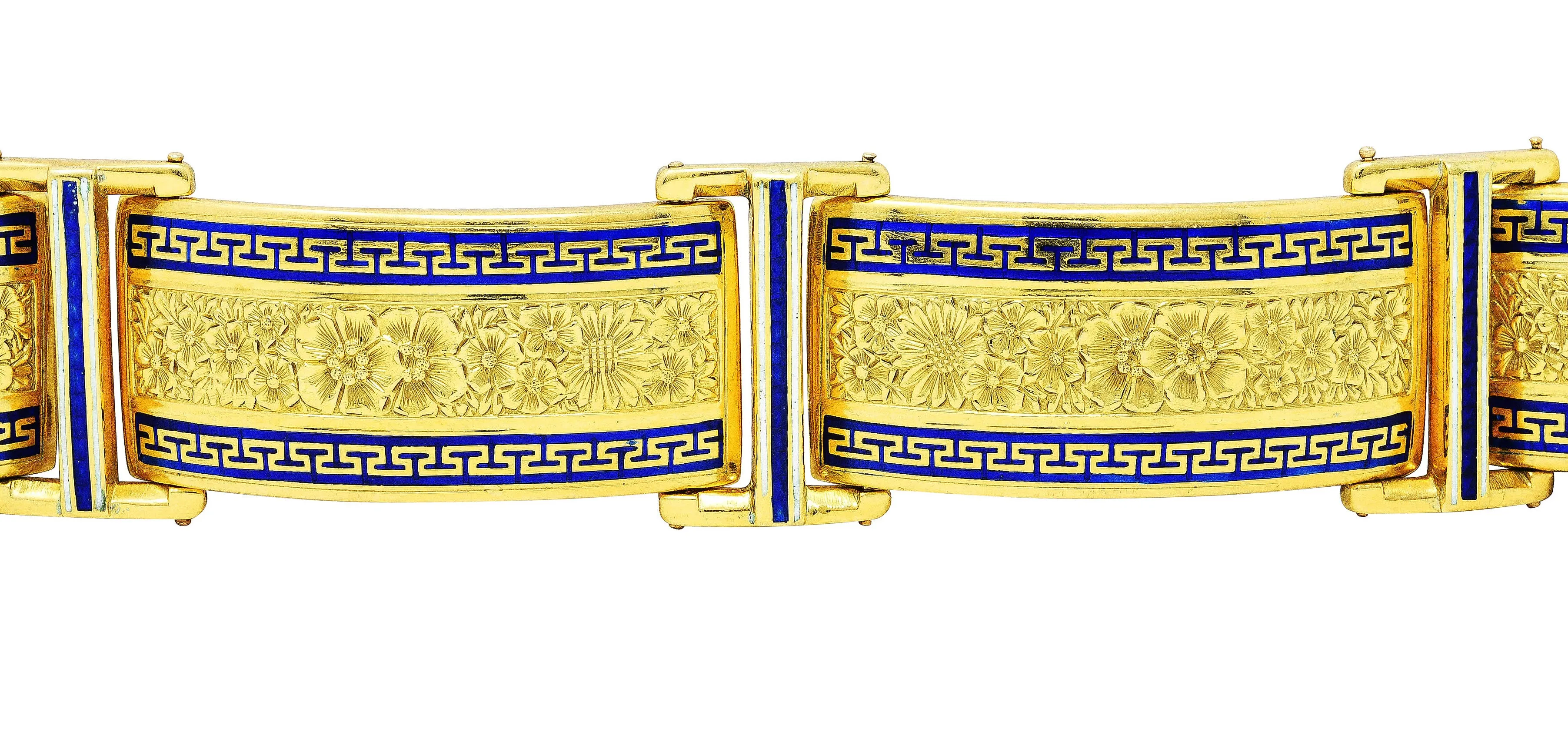 Victorian Enamel 18 Karat Gold Greek Key Panel Bracelet