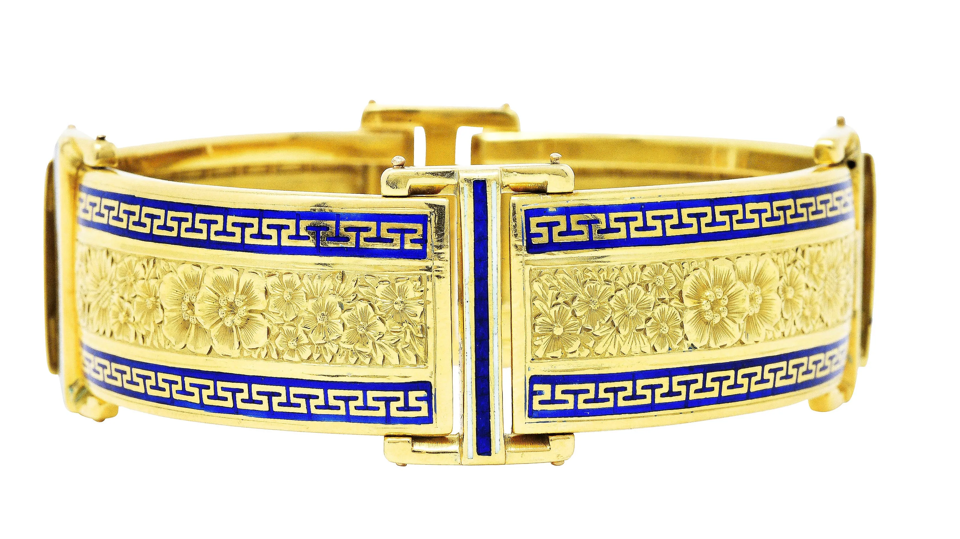 Victorian Enamel 18 Karat Gold Greek Key Panel Bracelet