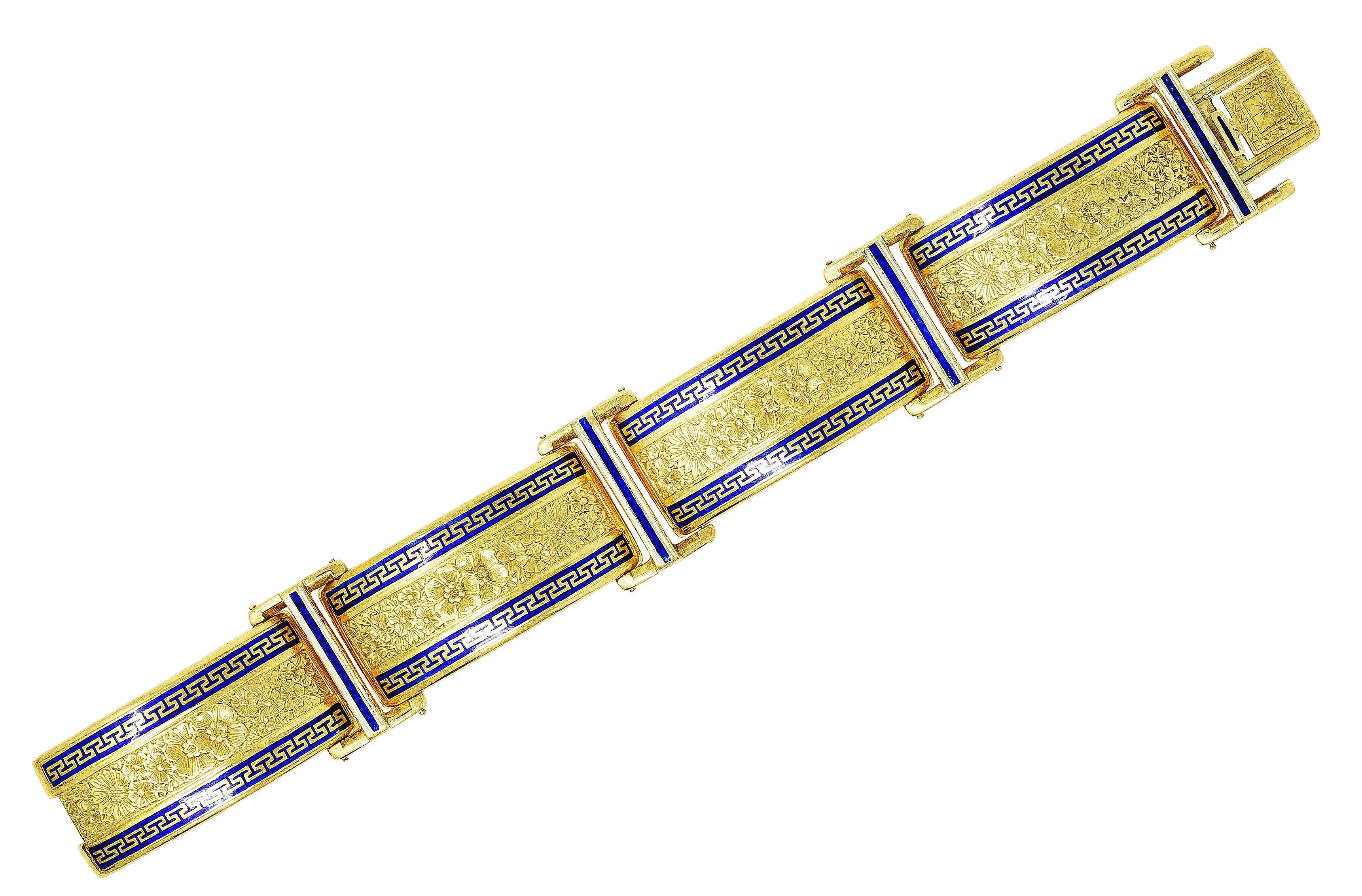 Victorian Enamel 18 Karat Gold Greek Key Panel Bracelet