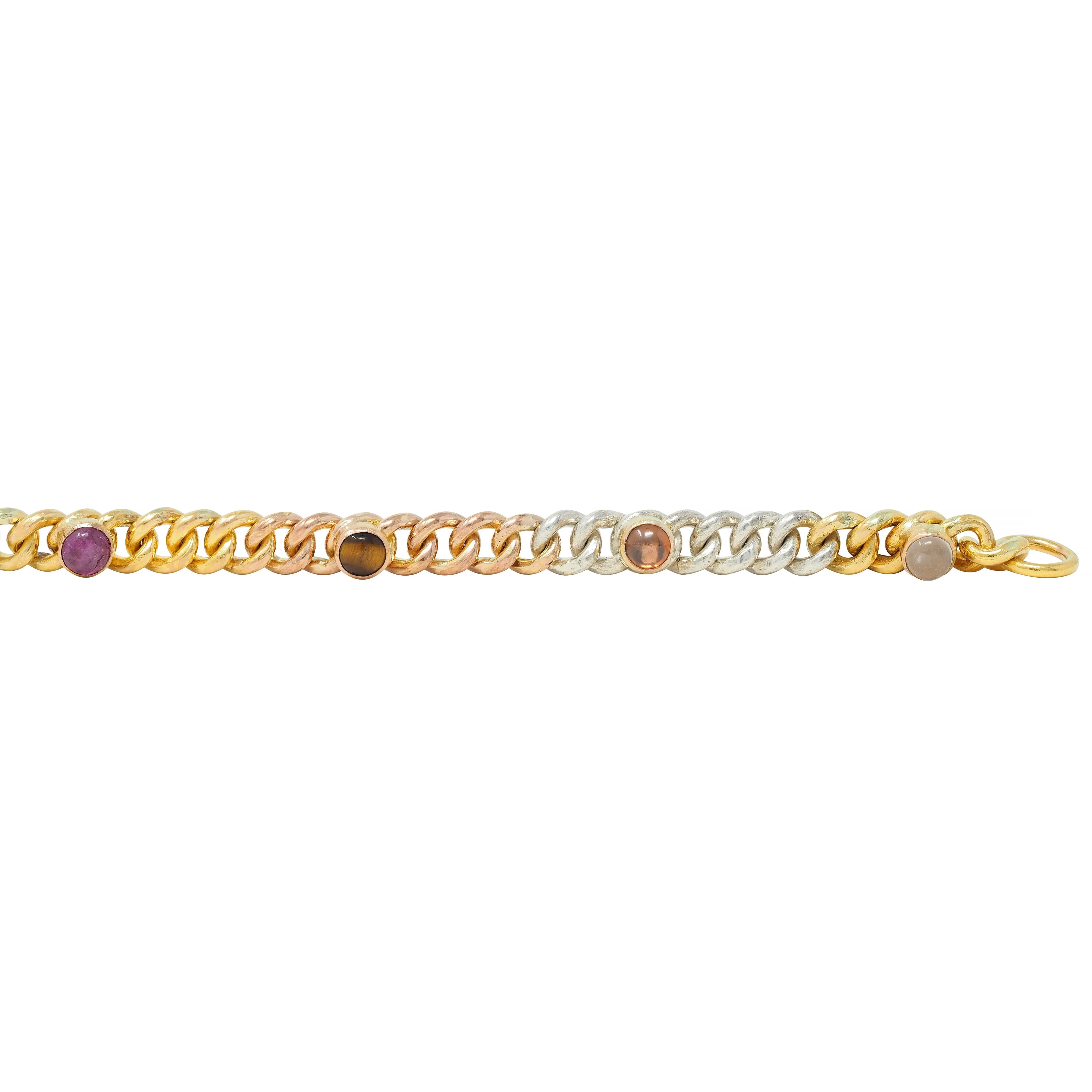 Victorian Multi-Gem Silver 14 Karat Two-Tone Gold Navantra Antique Curb Link Bracelet