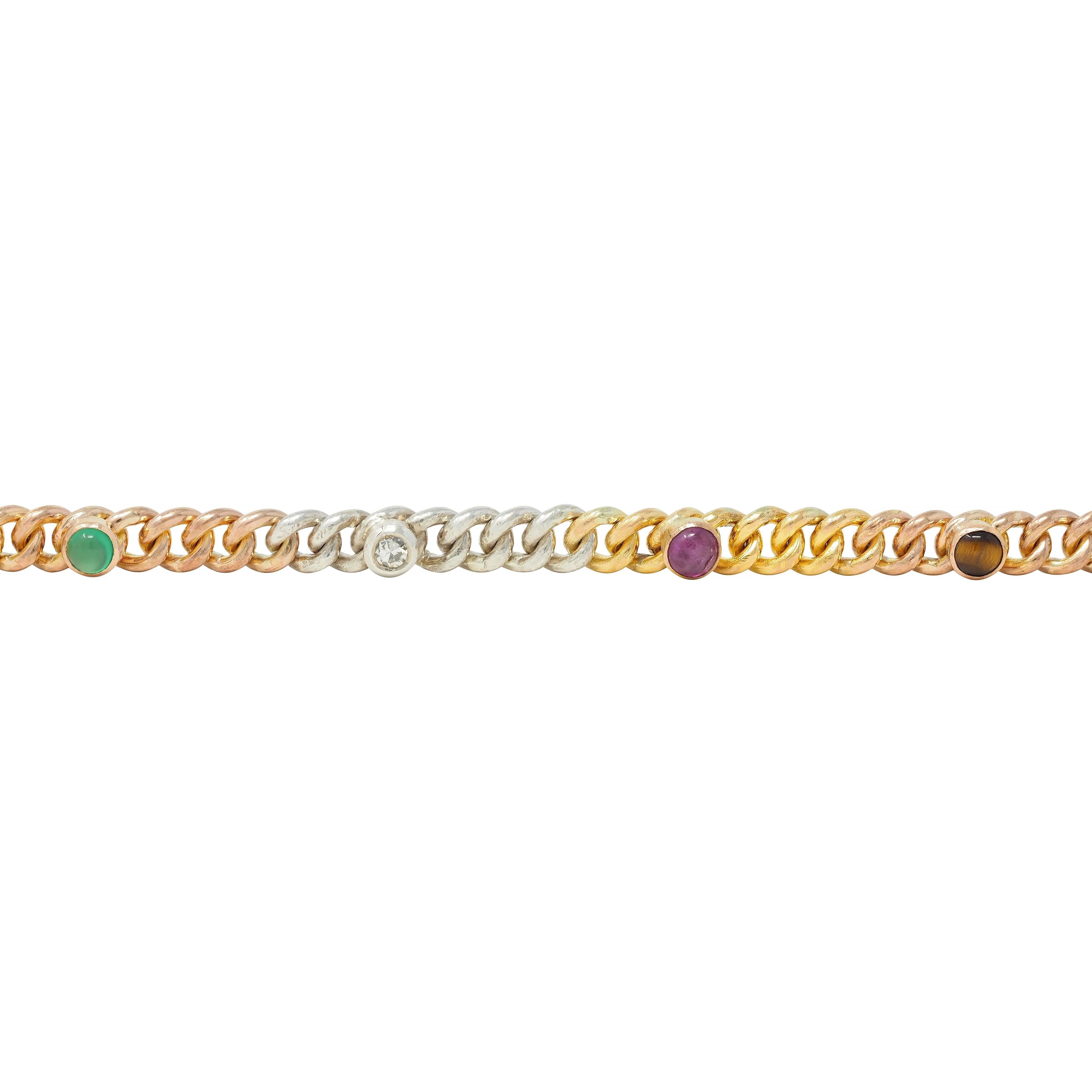 Victorian Multi-Gem Silver 14 Karat Two-Tone Gold Navantra Antique Curb Link Bracelet