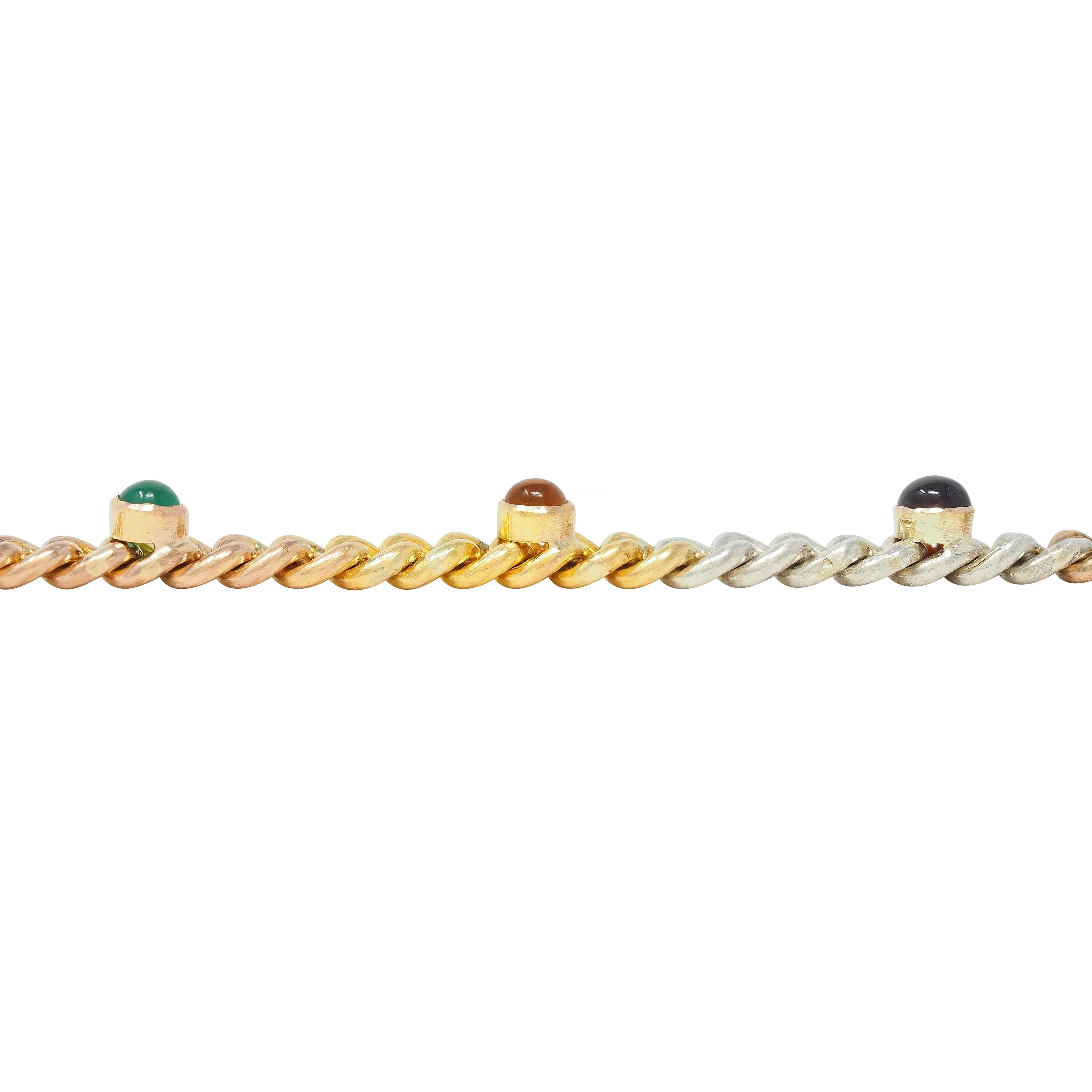 Victorian Multi-Gem Silver 14 Karat Two-Tone Gold Navantra Antique Curb Link Bracelet