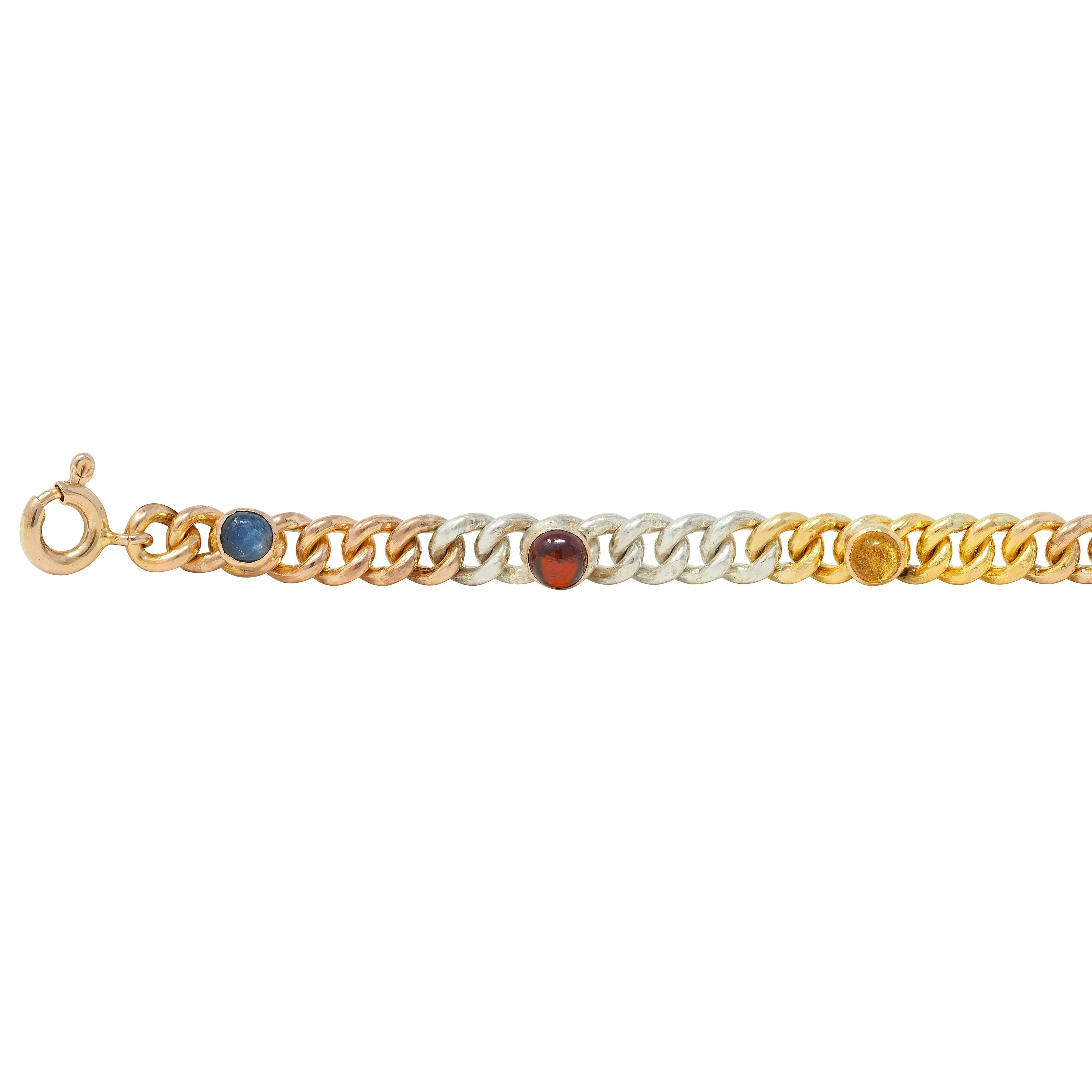 Victorian Multi-Gem Silver 14 Karat Two-Tone Gold Navantra Antique Curb Link Bracelet