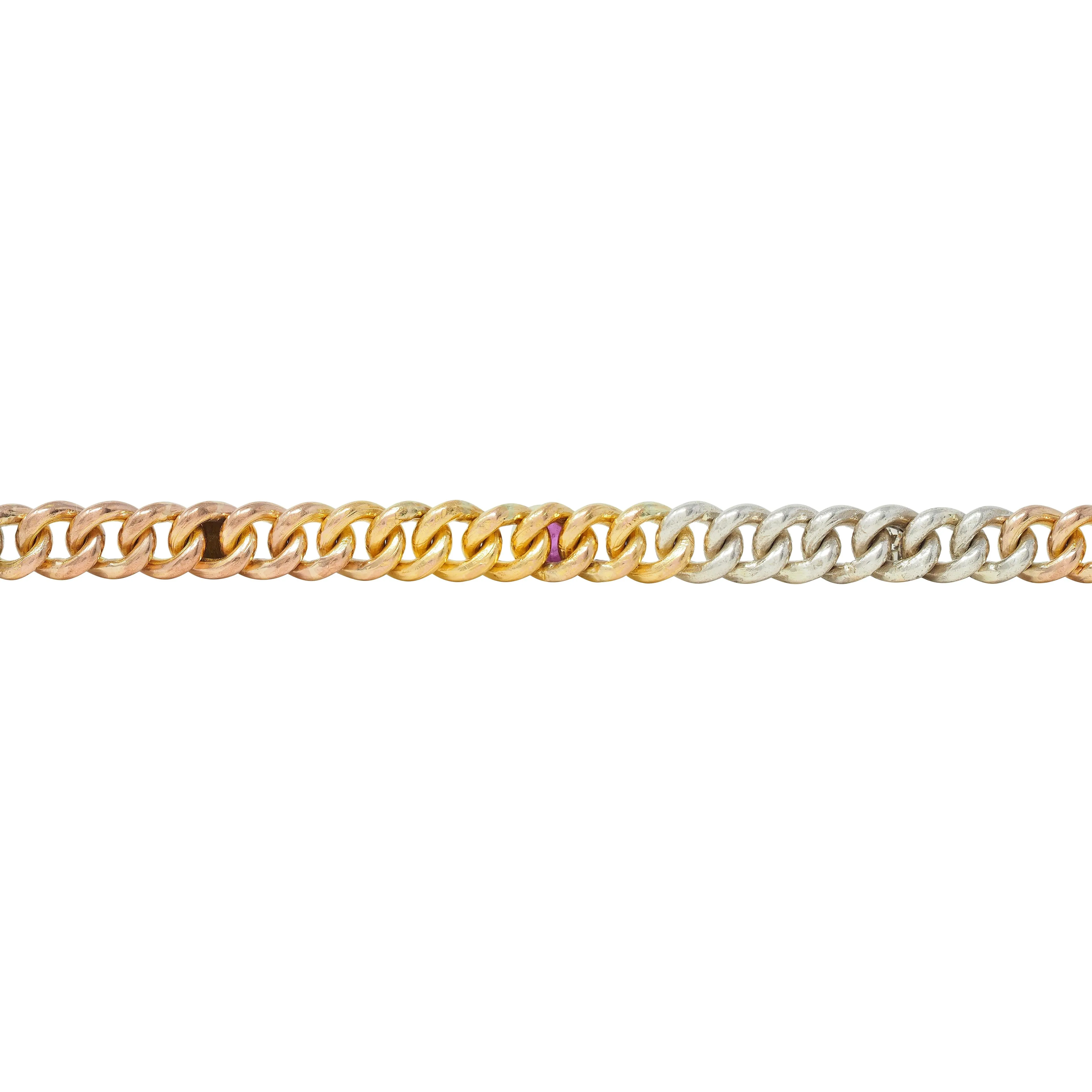 Victorian Multi-Gem Silver 14 Karat Two-Tone Gold Navantra Antique Curb Link Bracelet