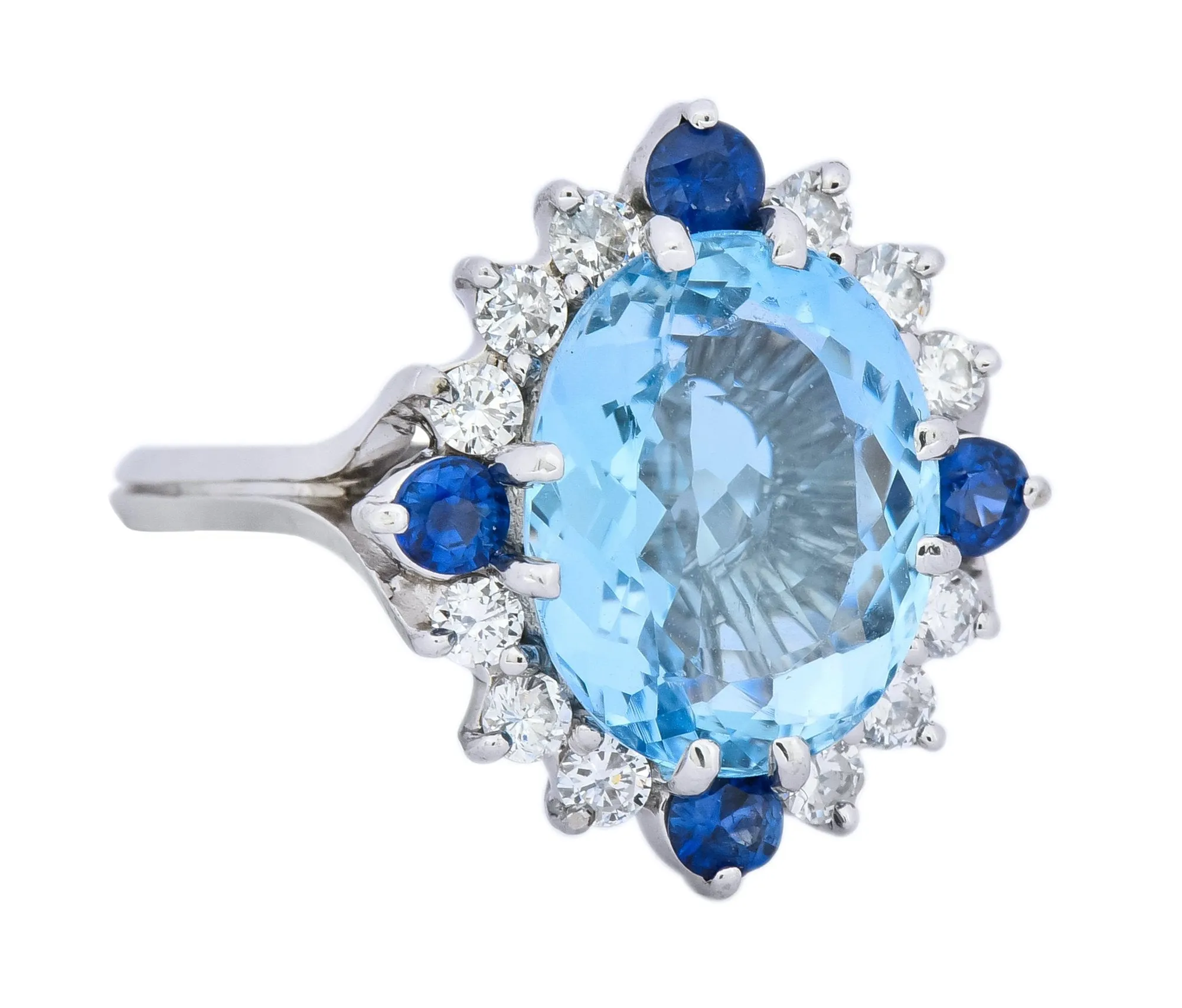 Vintage 4.14 CTW Aquamarine Diamond Sapphire 18 Karat White Gold Cluster Ring