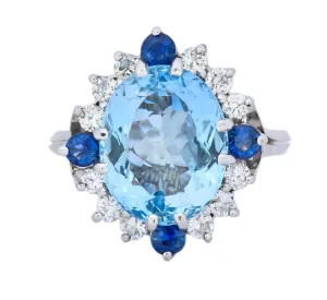 Vintage 4.14 CTW Aquamarine Diamond Sapphire 18 Karat White Gold Cluster Ring