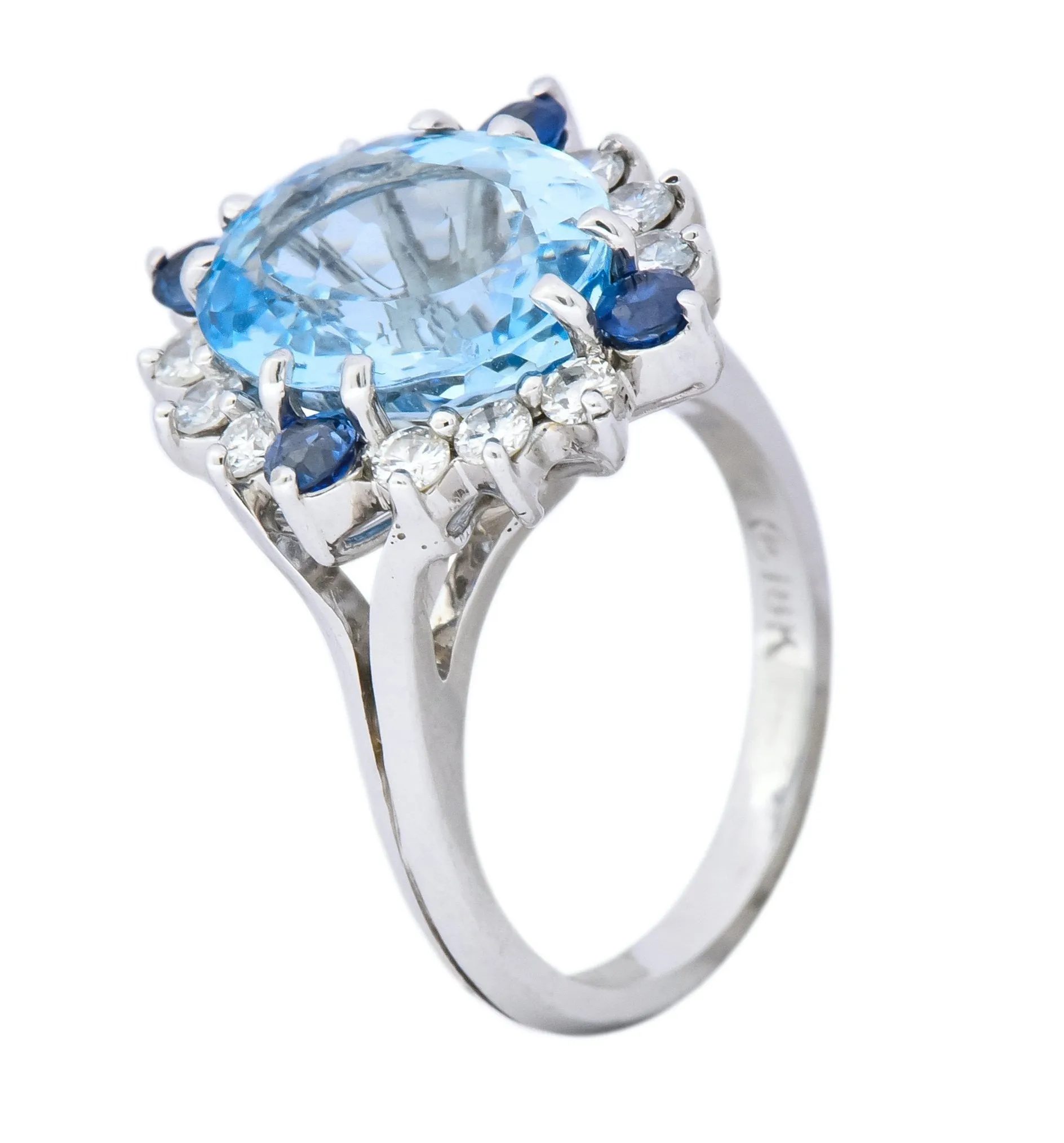 Vintage 4.14 CTW Aquamarine Diamond Sapphire 18 Karat White Gold Cluster Ring