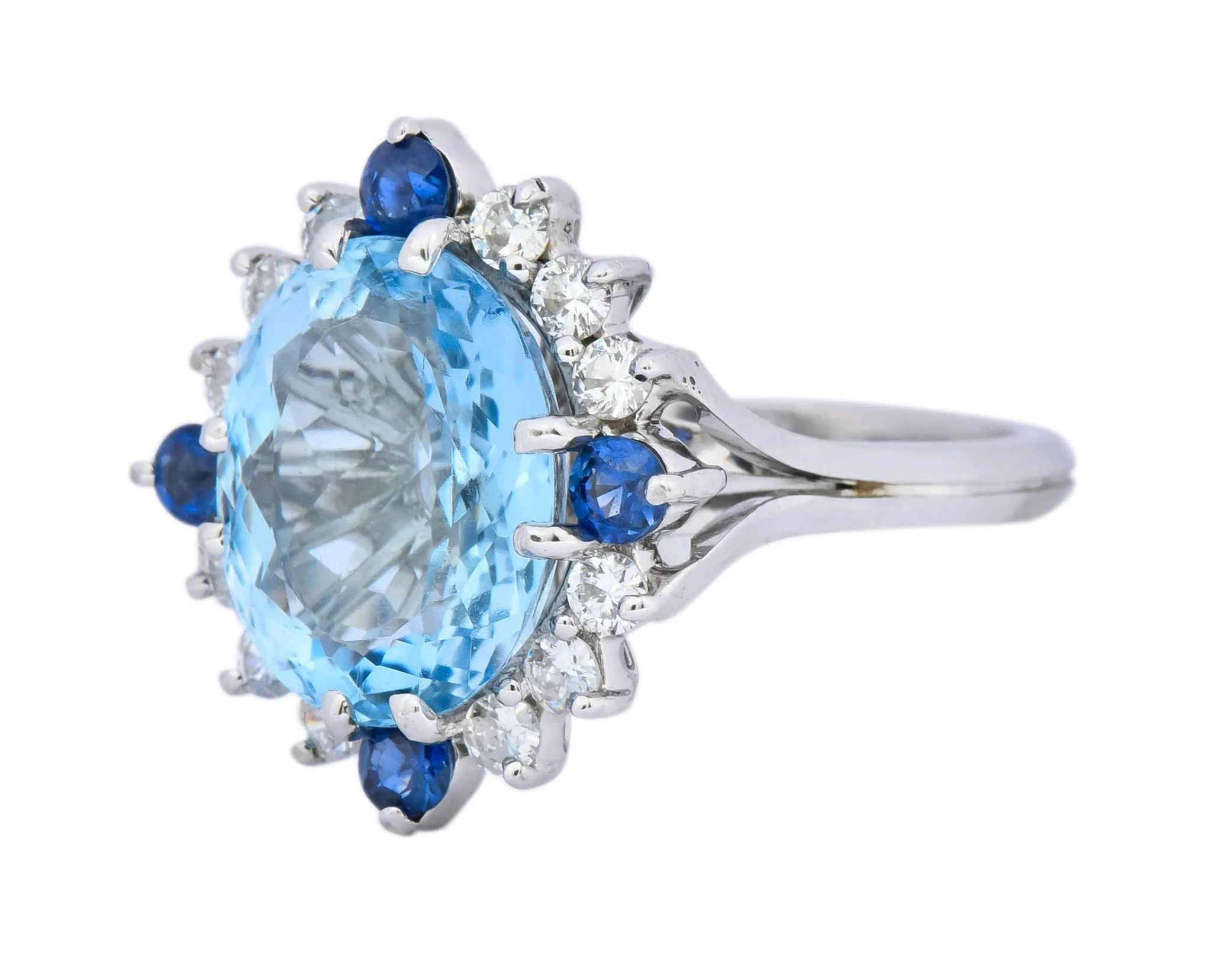 Vintage 4.14 CTW Aquamarine Diamond Sapphire 18 Karat White Gold Cluster Ring
