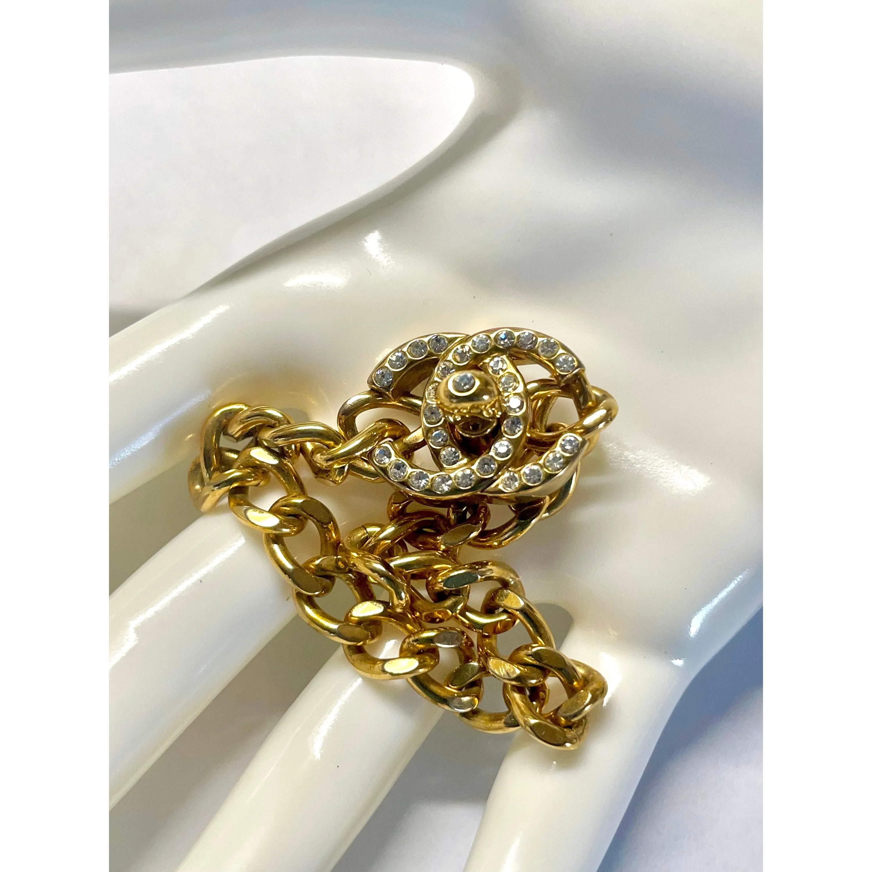 Vintage Chanel chain bracelet with turn lock CC and crystals. Must have gorgeous 90s jewelry. 060416ac1