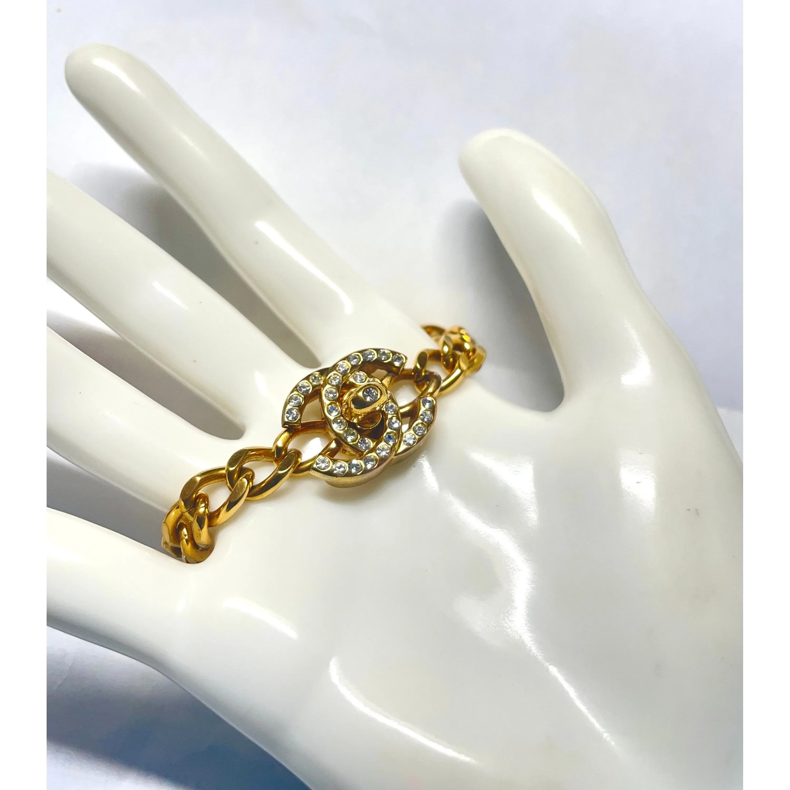 Vintage Chanel chain bracelet with turn lock CC and crystals. Must have gorgeous 90s jewelry. 060416ac1