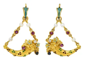 Vintage Etruscan Revival Diamond Ruby Sapphire Pearl Enamel 18 Karat Gold Cornucopia Earrings