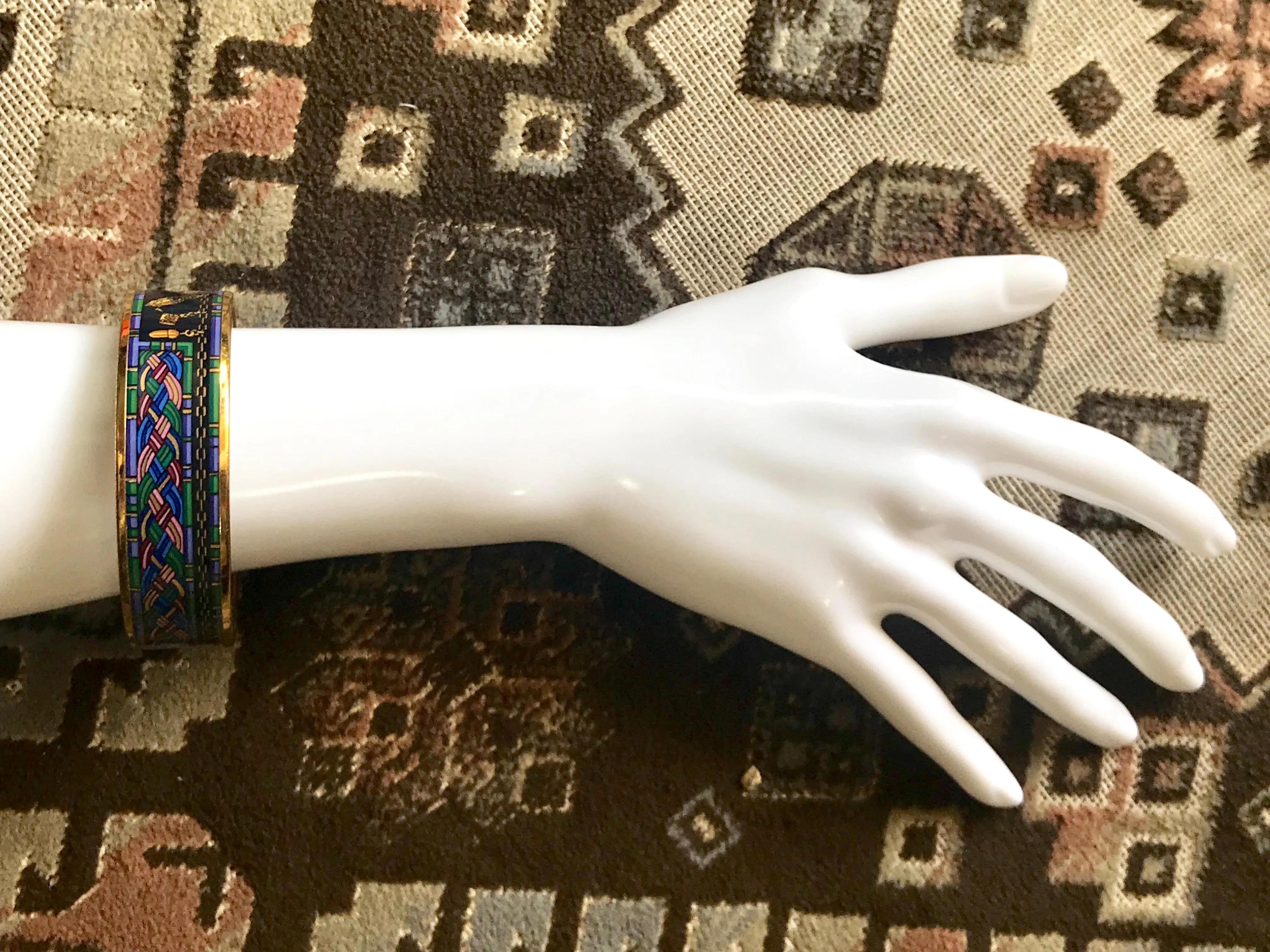 Vintage Hermes golden enamel and cloisonne bangle, bracelet with blue, purple, green etc. Scissors and woven tape motifs. 060426re