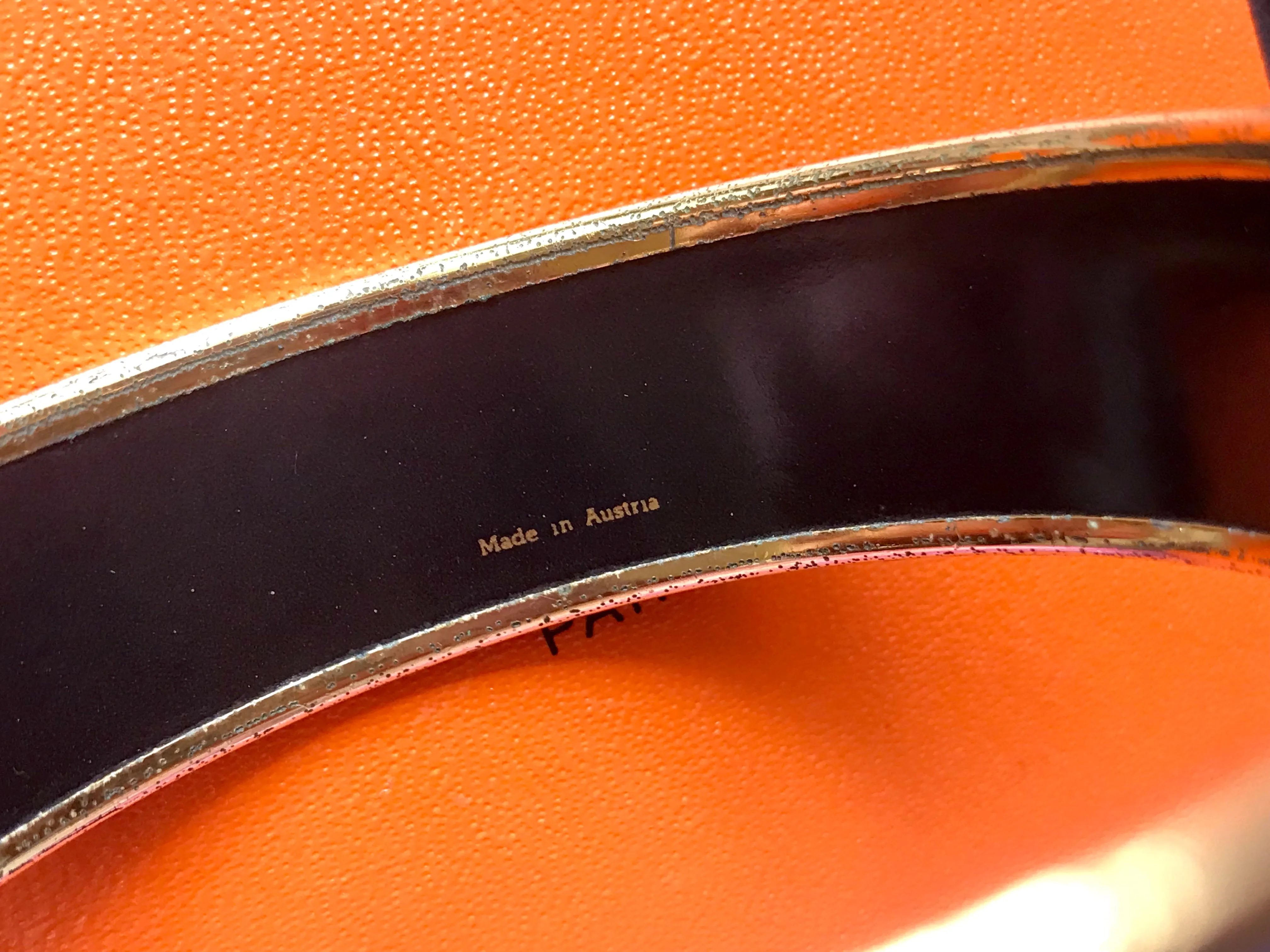 Vintage Hermes golden enamel and cloisonne bangle, bracelet with blue, purple, green etc. Scissors and woven tape motifs. 060426re