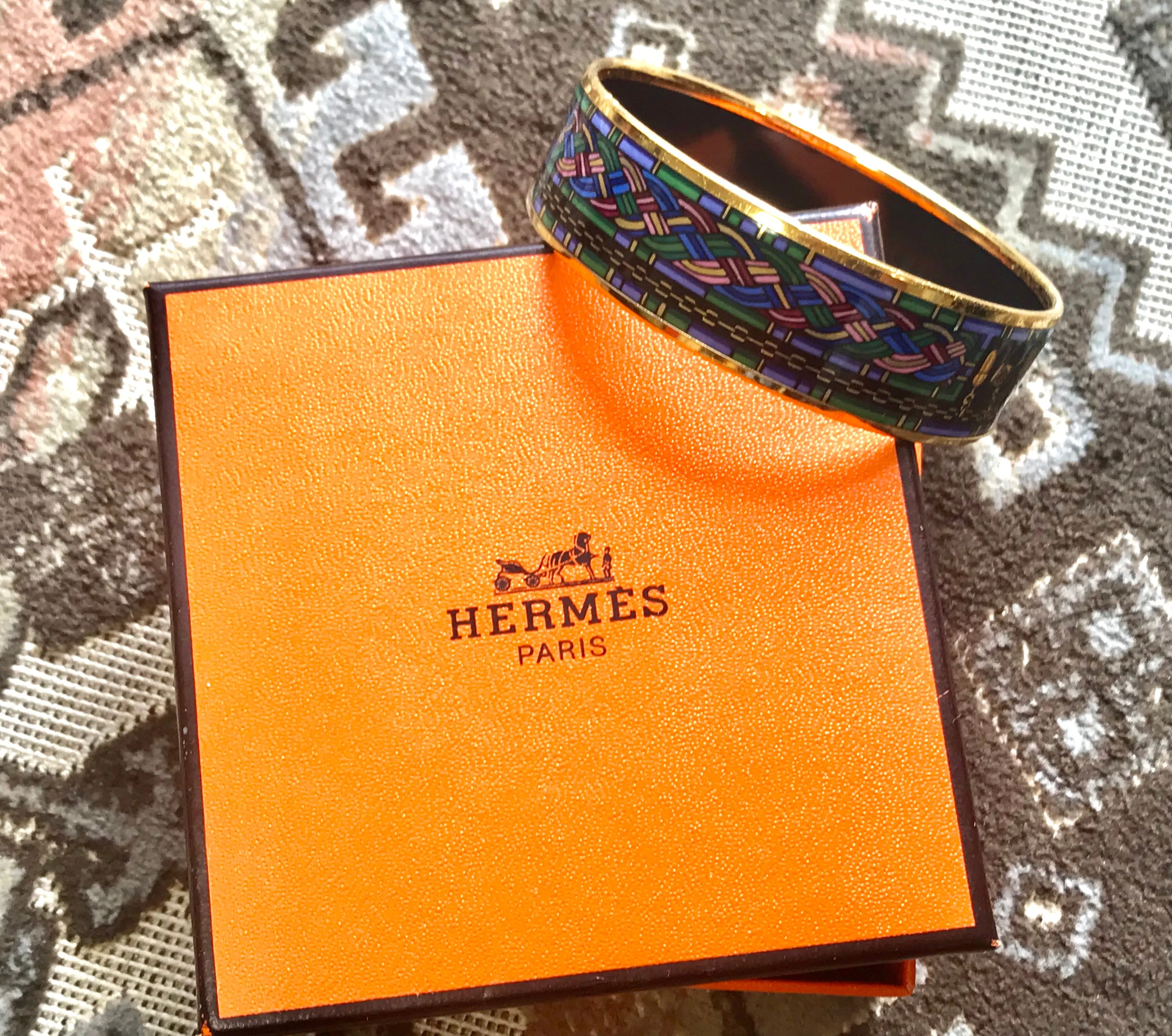 Vintage Hermes golden enamel and cloisonne bangle, bracelet with blue, purple, green etc. Scissors and woven tape motifs. 060426re