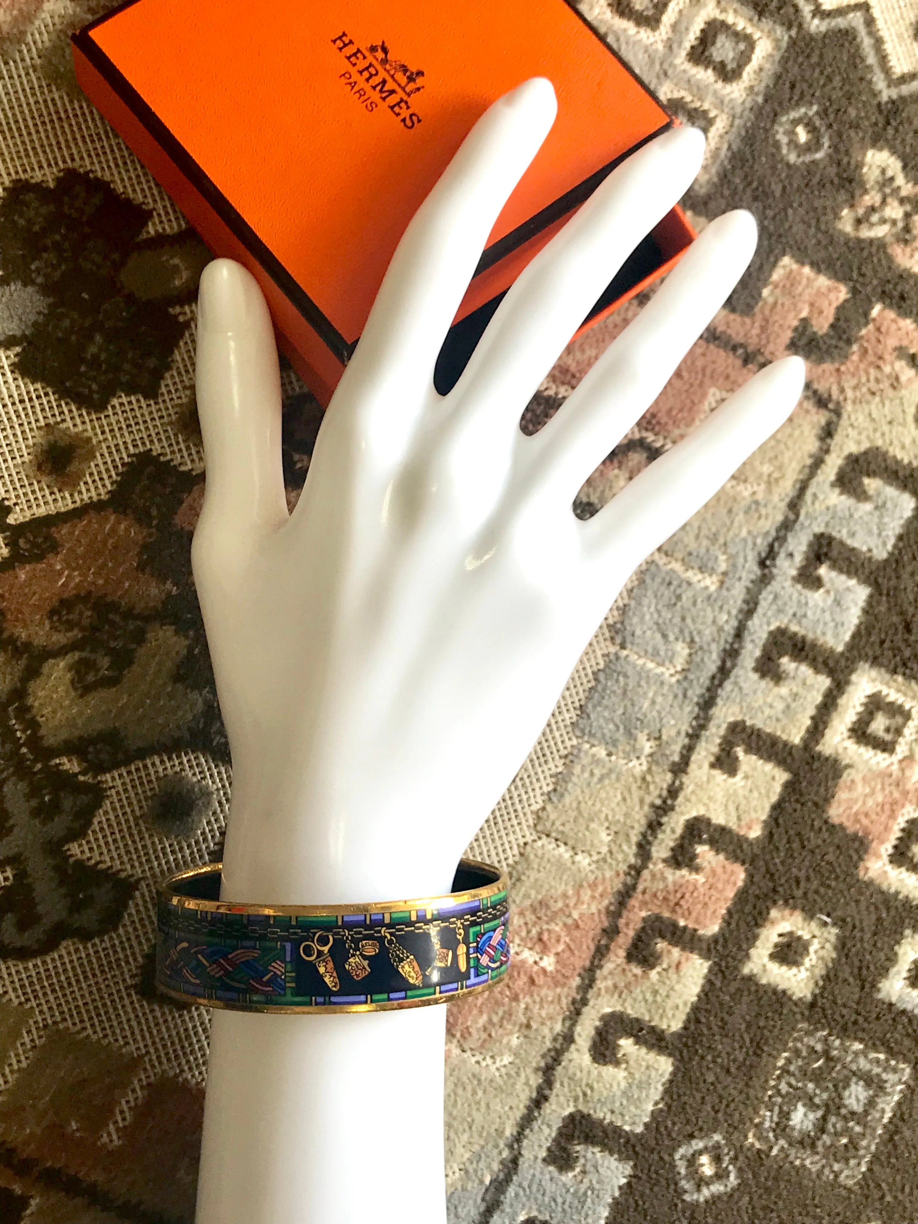 Vintage Hermes golden enamel and cloisonne bangle, bracelet with blue, purple, green etc. Scissors and woven tape motifs. 060426re