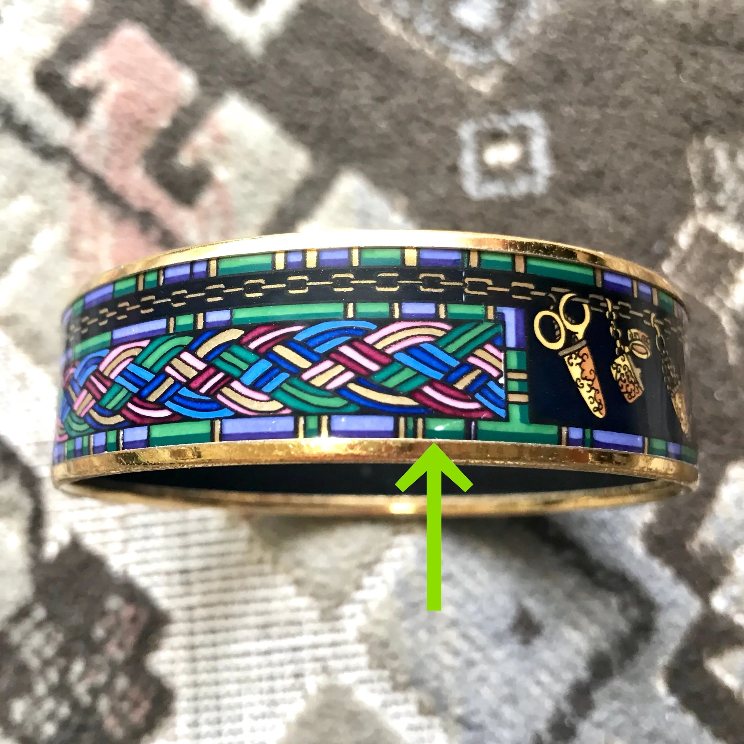 Vintage Hermes golden enamel and cloisonne bangle, bracelet with blue, purple, green etc. Scissors and woven tape motifs. 060426re