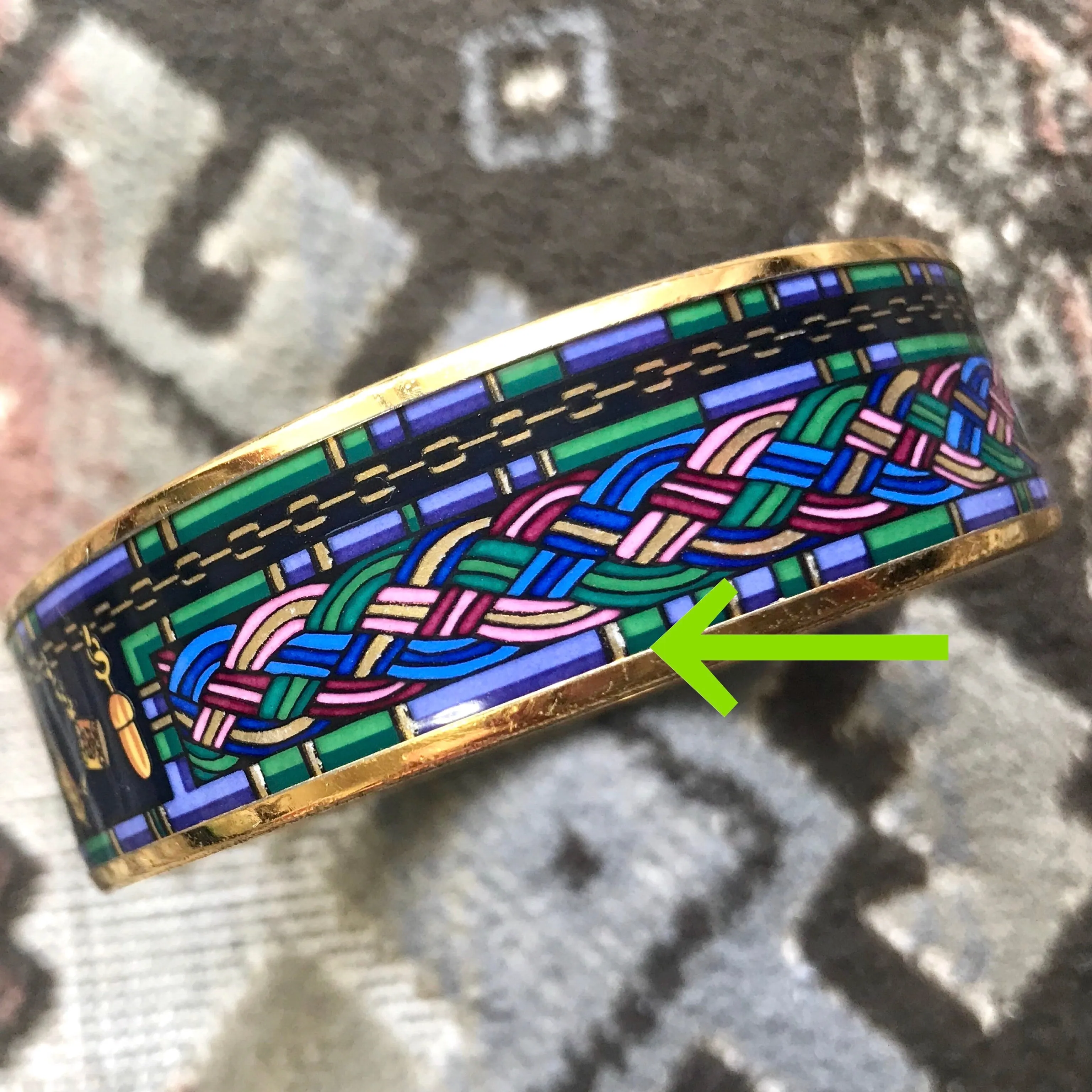 Vintage Hermes golden enamel and cloisonne bangle, bracelet with blue, purple, green etc. Scissors and woven tape motifs. 060426re