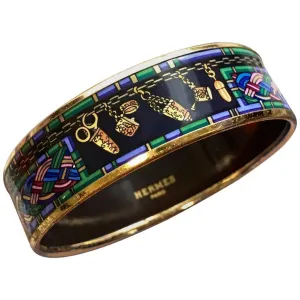 Vintage Hermes golden enamel and cloisonne bangle, bracelet with blue, purple, green etc. Scissors and woven tape motifs. 060426re