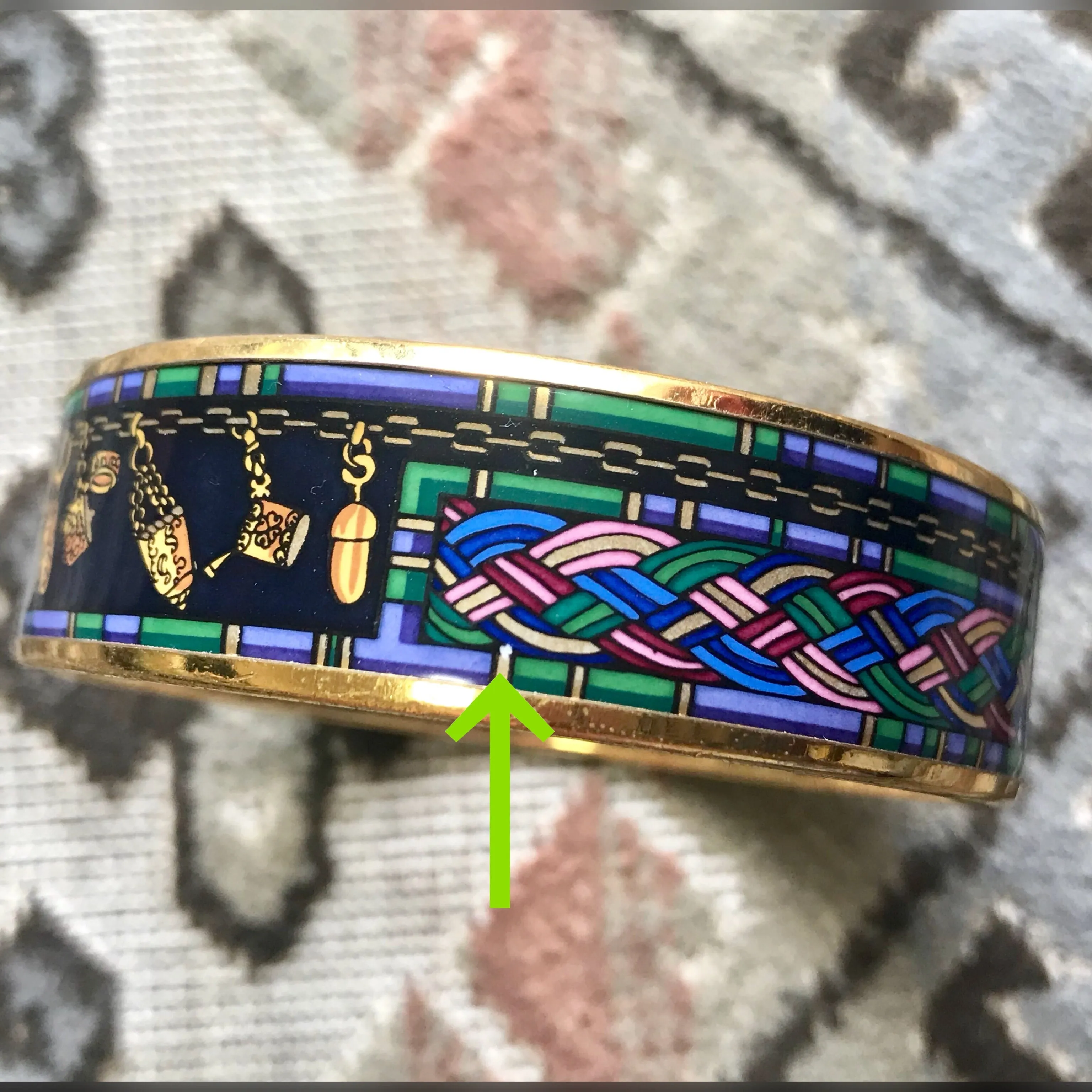 Vintage Hermes golden enamel and cloisonne bangle, bracelet with blue, purple, green etc. Scissors and woven tape motifs. 060426re