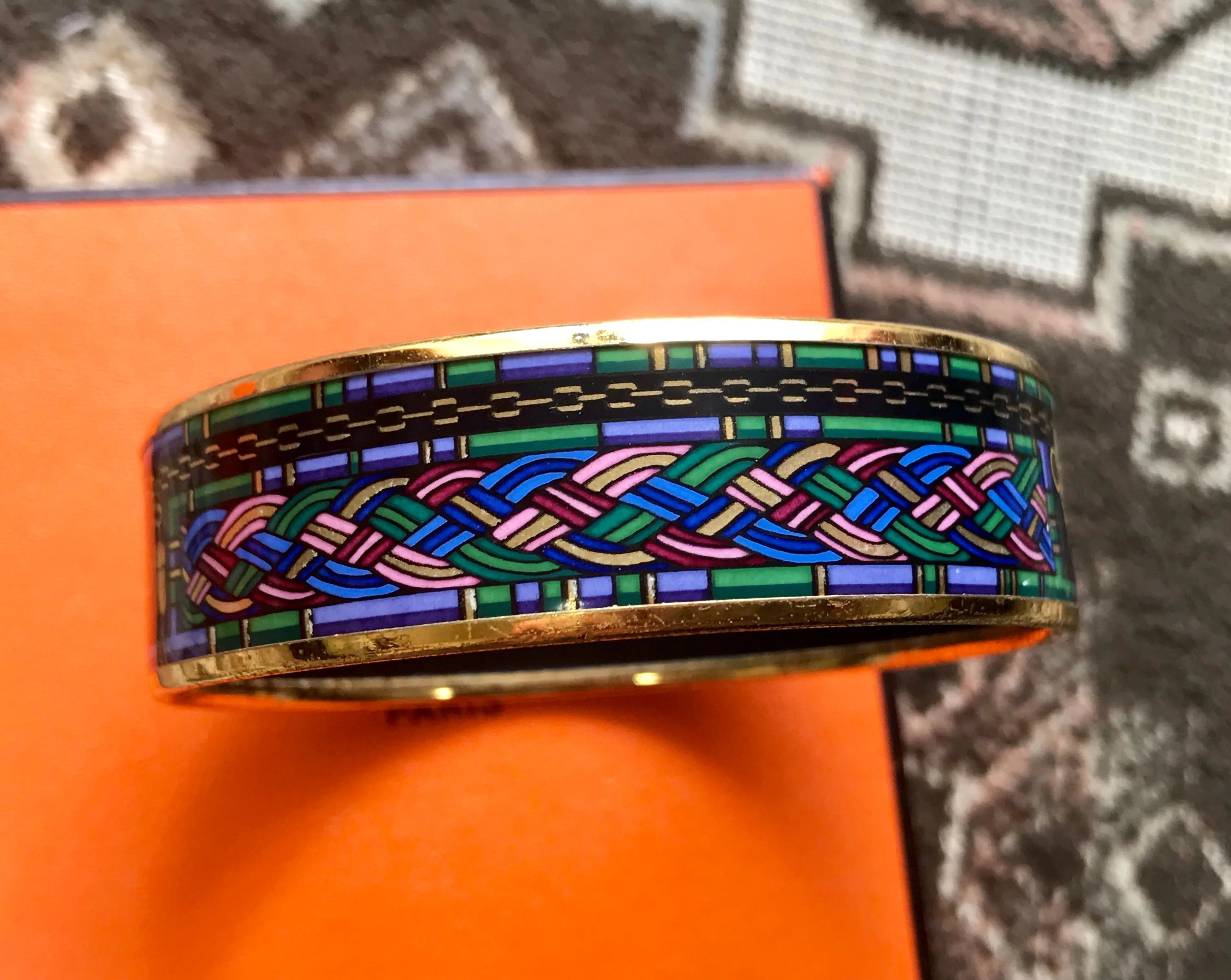 Vintage Hermes golden enamel and cloisonne bangle, bracelet with blue, purple, green etc. Scissors and woven tape motifs. 060426re